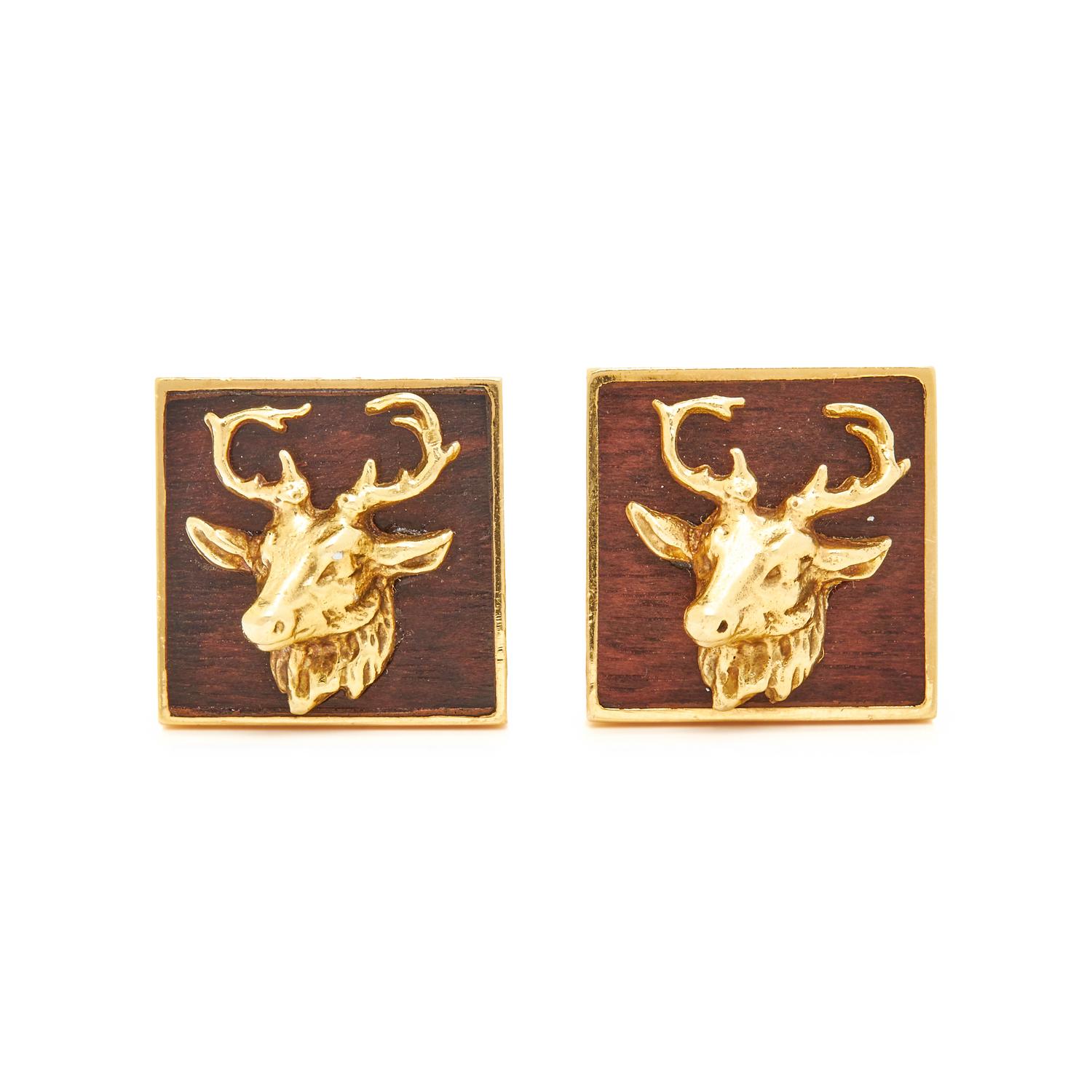 BRY PARIS, YELLOW GOLD AND BOG OAK STAG CUFFLINKS