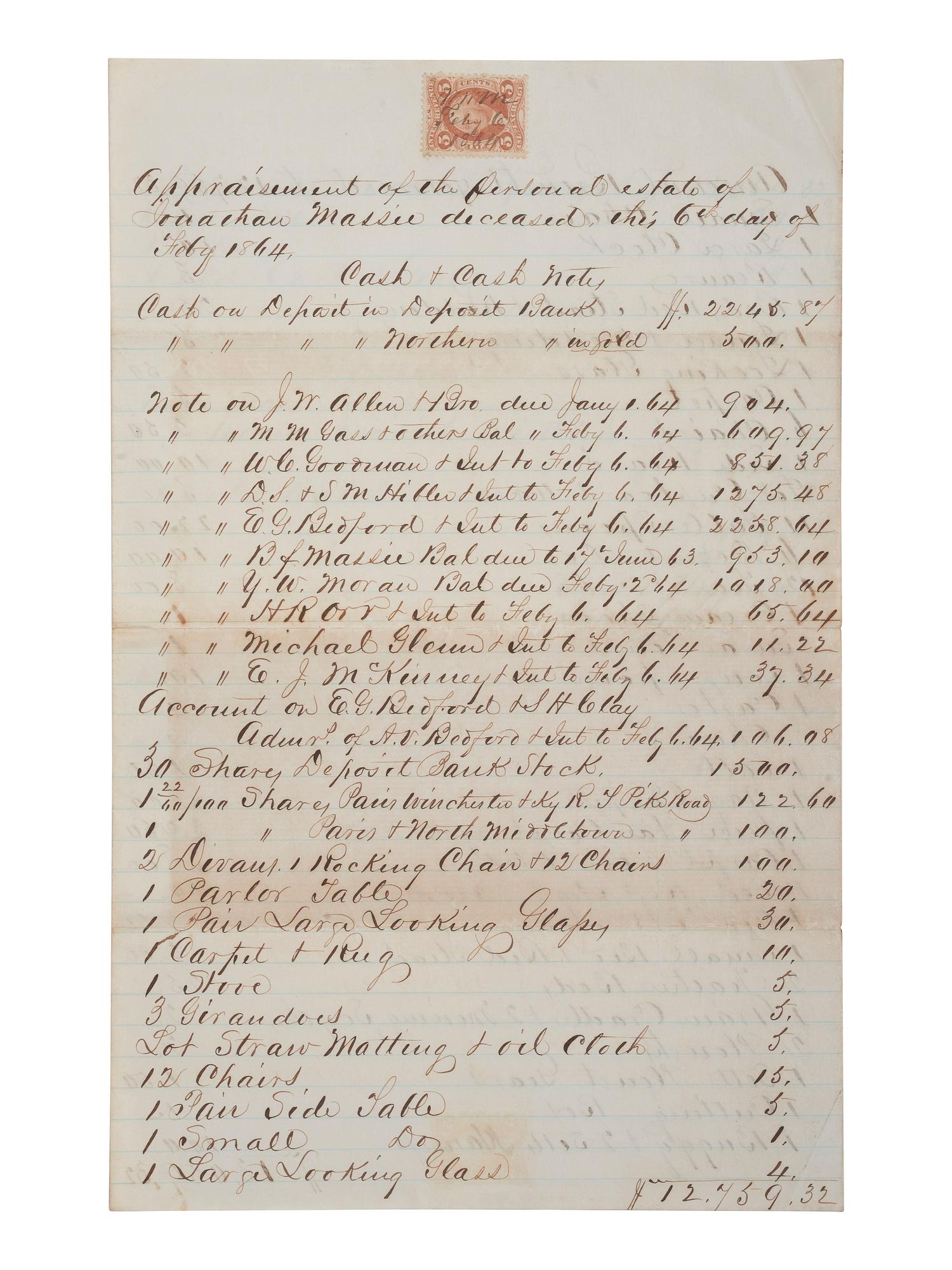 [ENSLAVEMENT & ABOLITION]. 2 Kentucky estate documents listing individual enslaved persons valued at zero dollars or "worthless." 1825, 1864.
