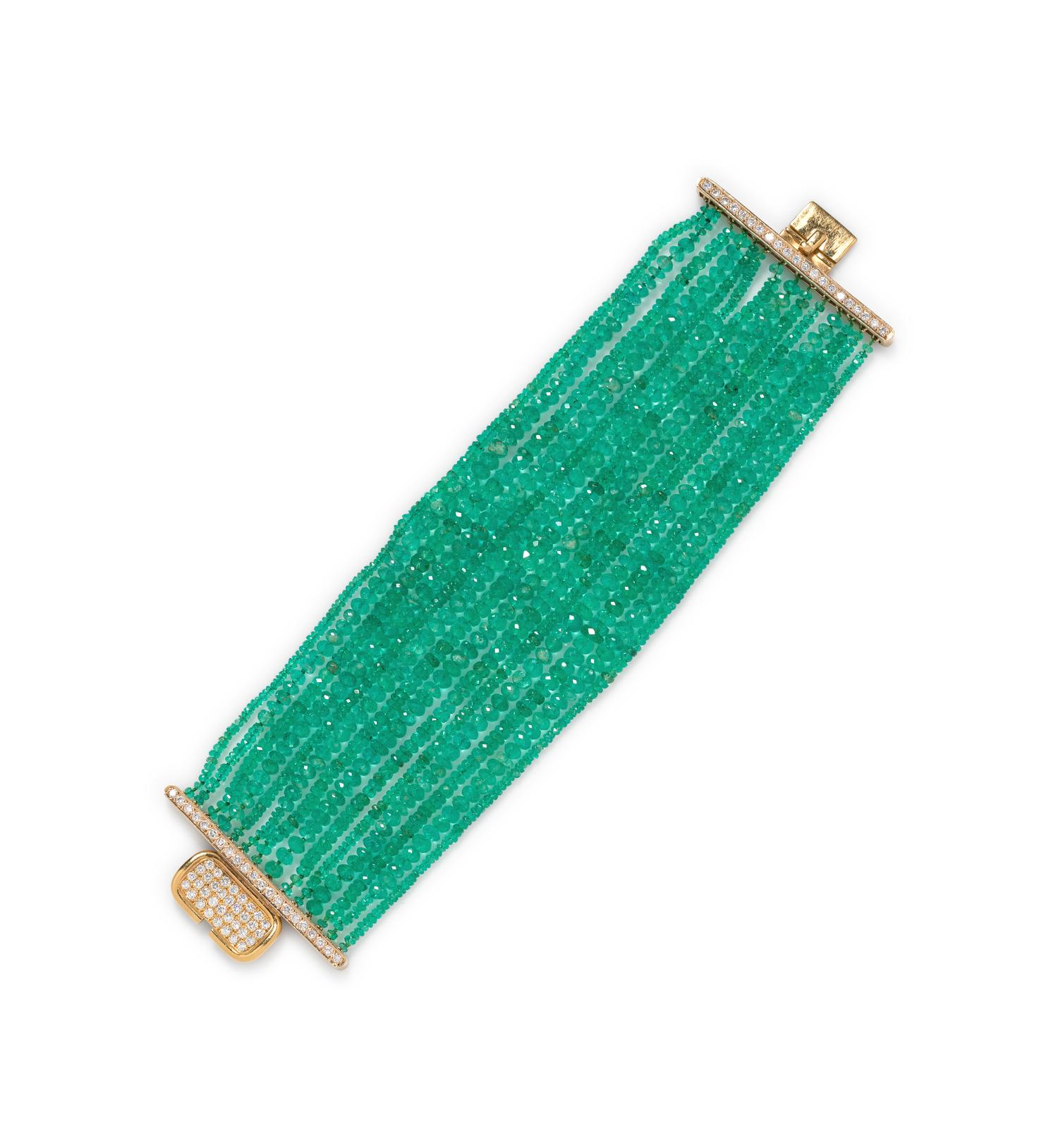 An 18 Karat Yellow Gold, Diamond and Multistrand Emerald Bead Bracelet, White,