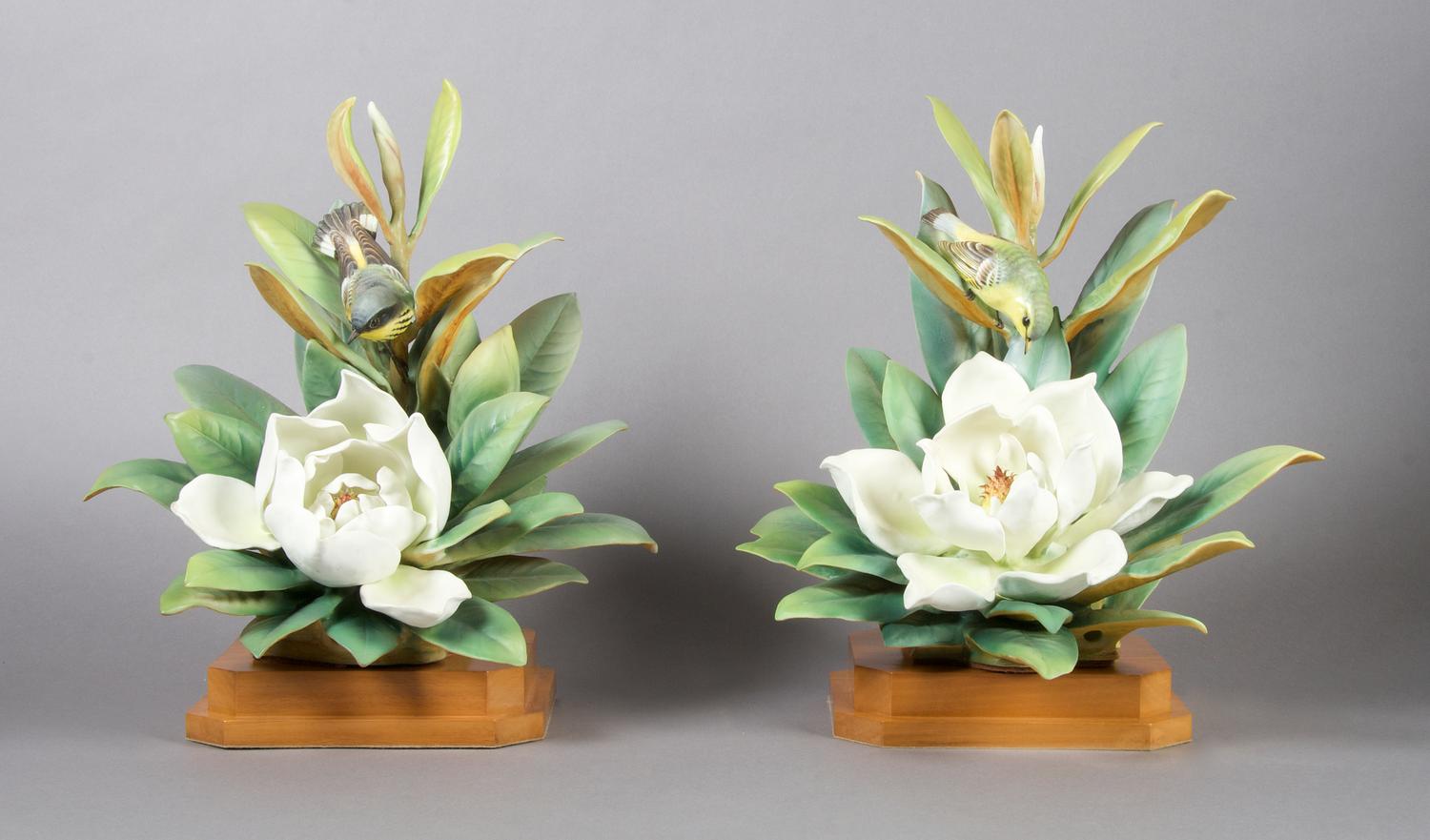A Pair of Royal Worcester Dorothy Doughty Birds, Magnolia Warblers, Height 14 inches.