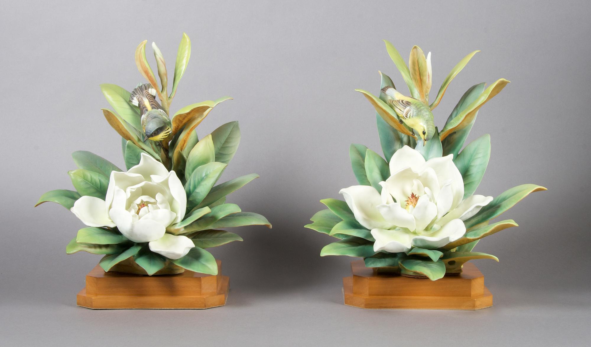 A Pair of Royal Worcester Dorothy Doughty Birds, Magnolia Warblers, Height 14 inches.