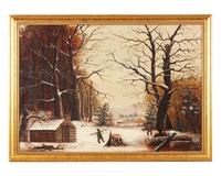 American School 19th century, Snowy Landscape with Figures Harvesting Wood