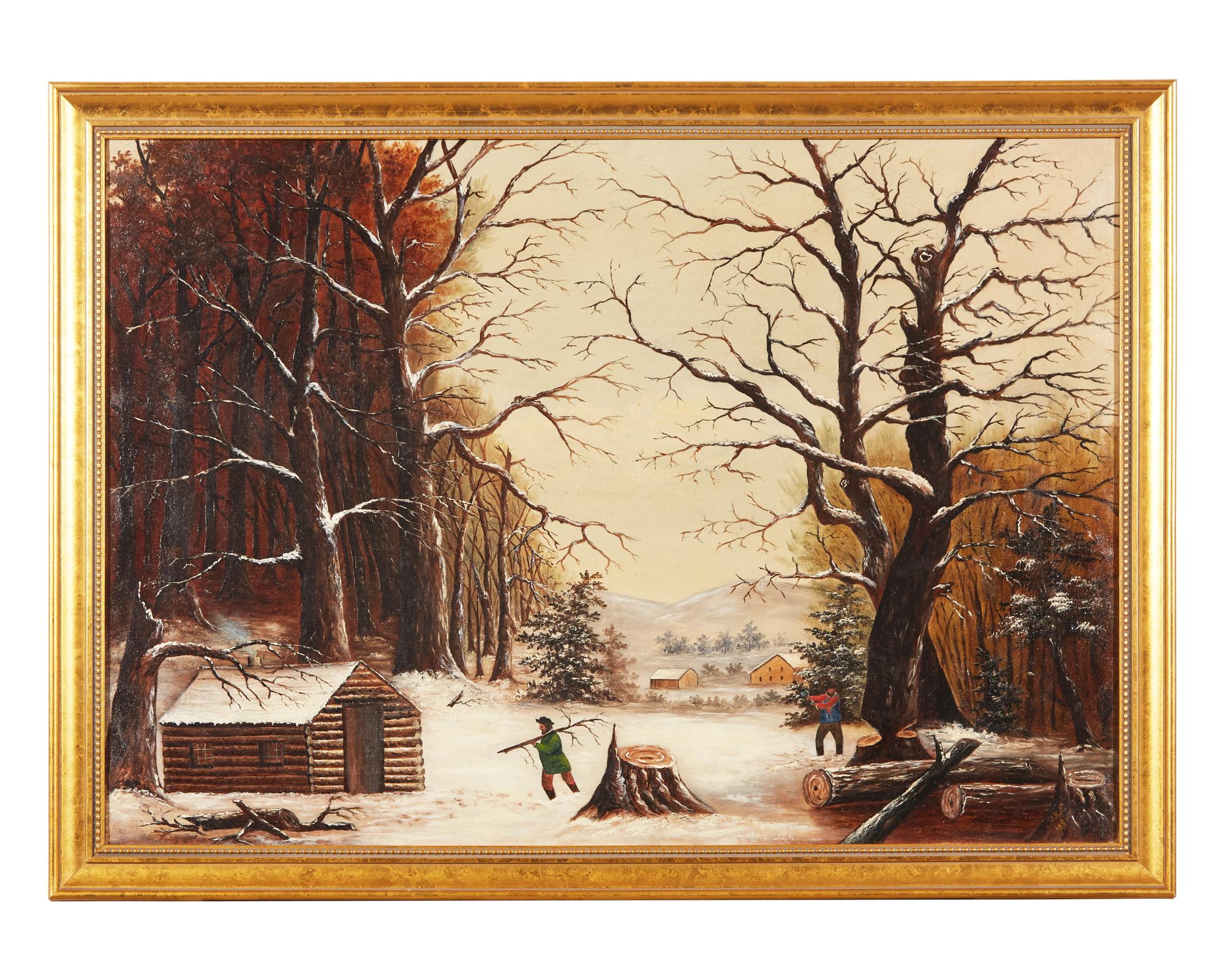 American School 19th century, Snowy Landscape with Figures Harvesting Wood