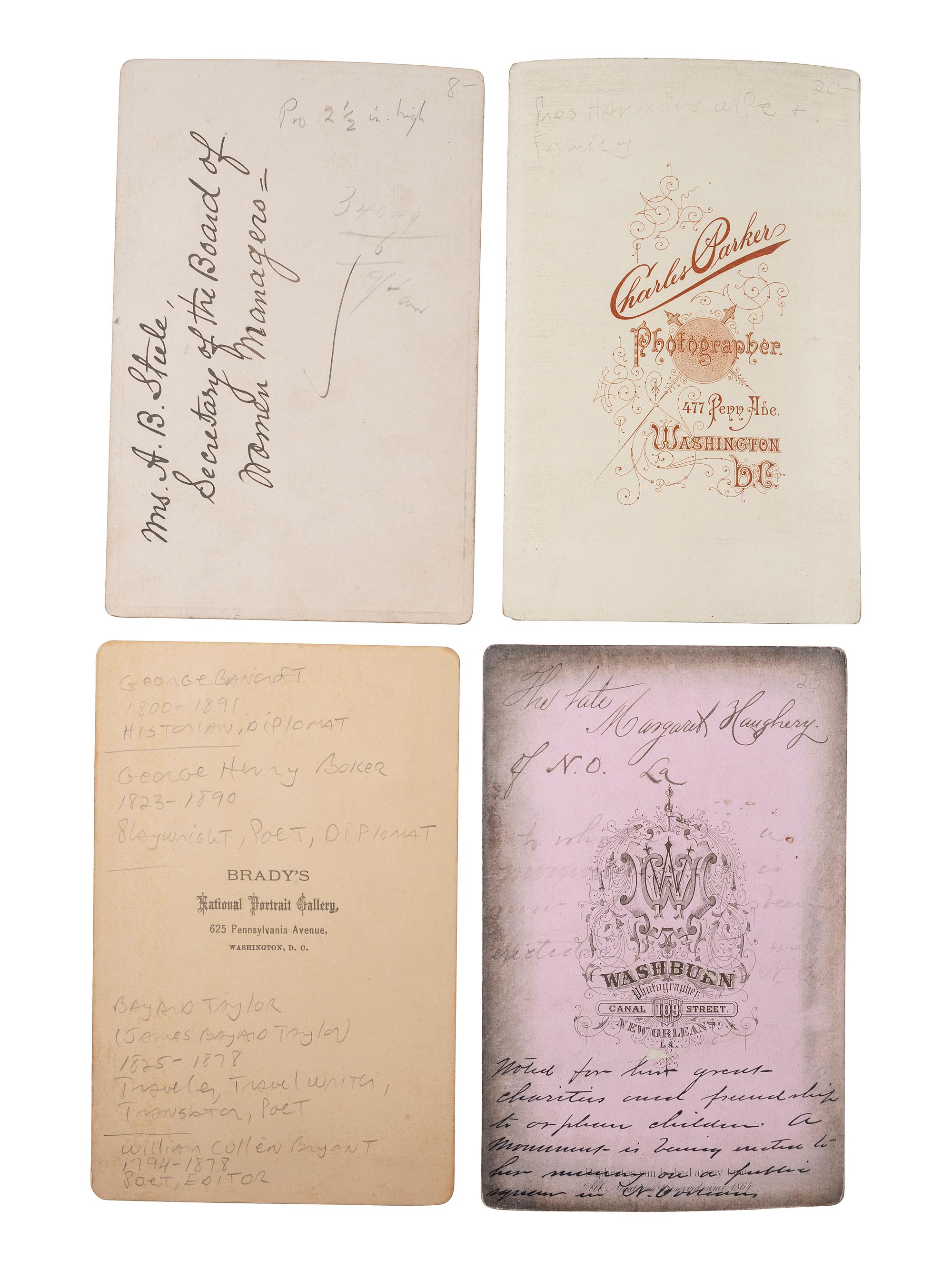 Cabinet cards featuring 19th-century writers, businessmen, and other notable personalities.