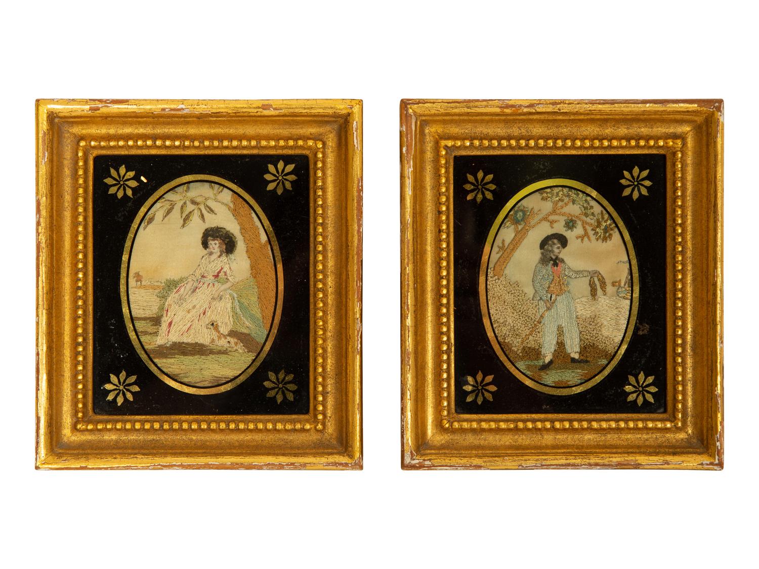 Two English Embroideries in Eglogmise and Giltwood Frames