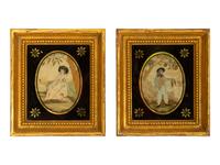 Two English Embroideries in Eglogmise and Giltwood Frames