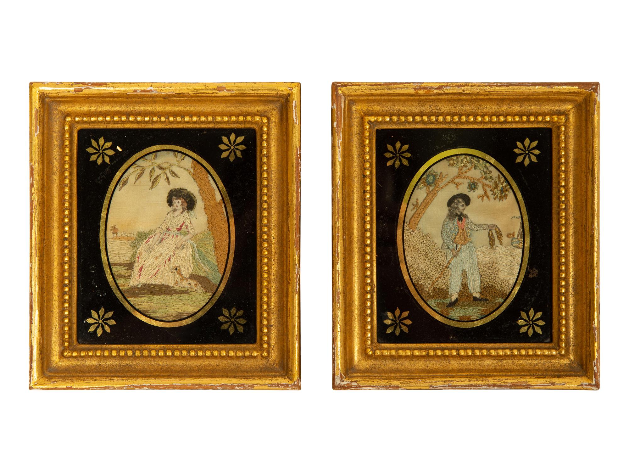 Two English Embroideries in Eglogmise and Giltwood Frames