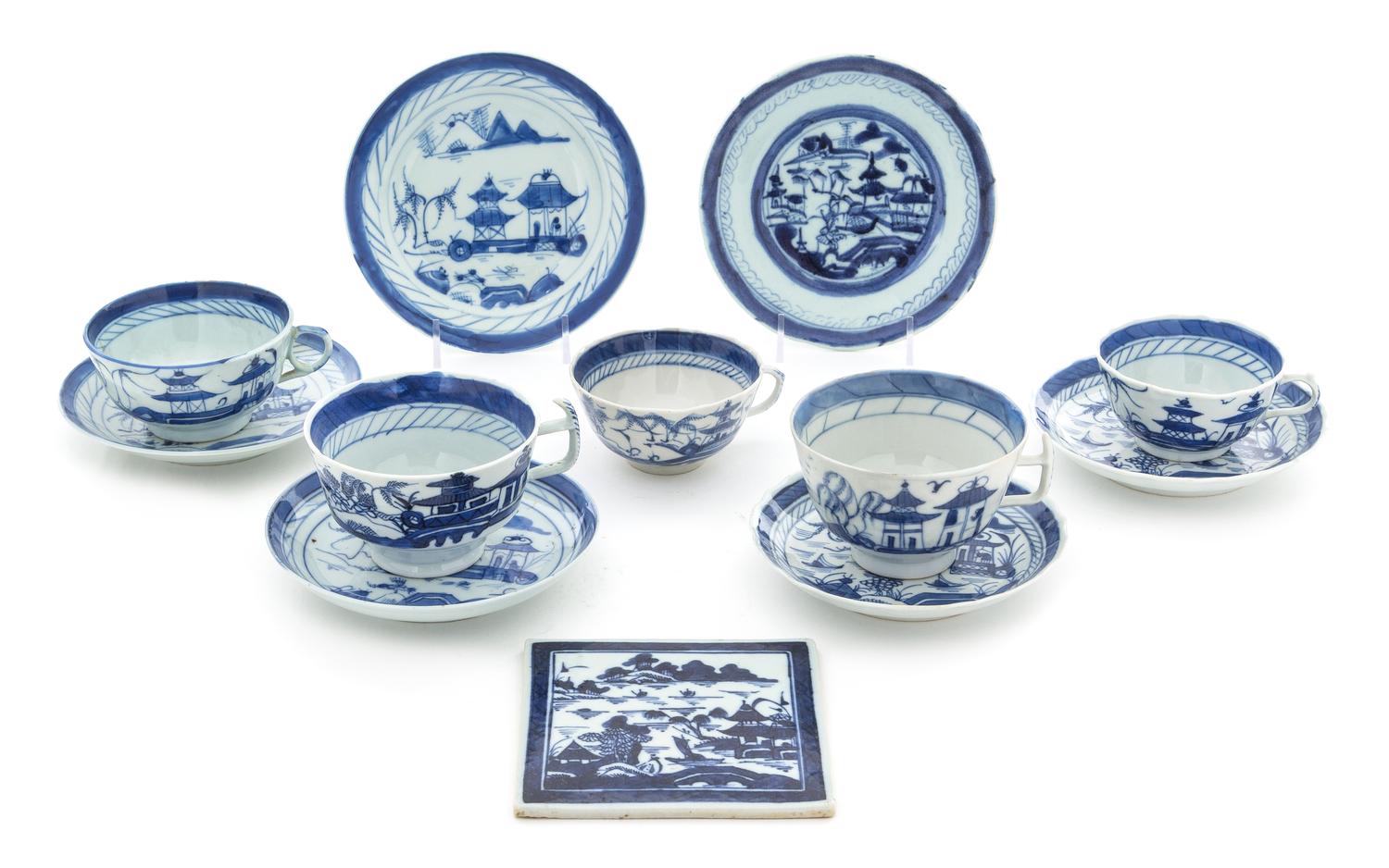 A Group of Twelve Canton Porcelain Blue and White Articles Height of largest cup 2 1/2 inches. — 19TH CENTURY