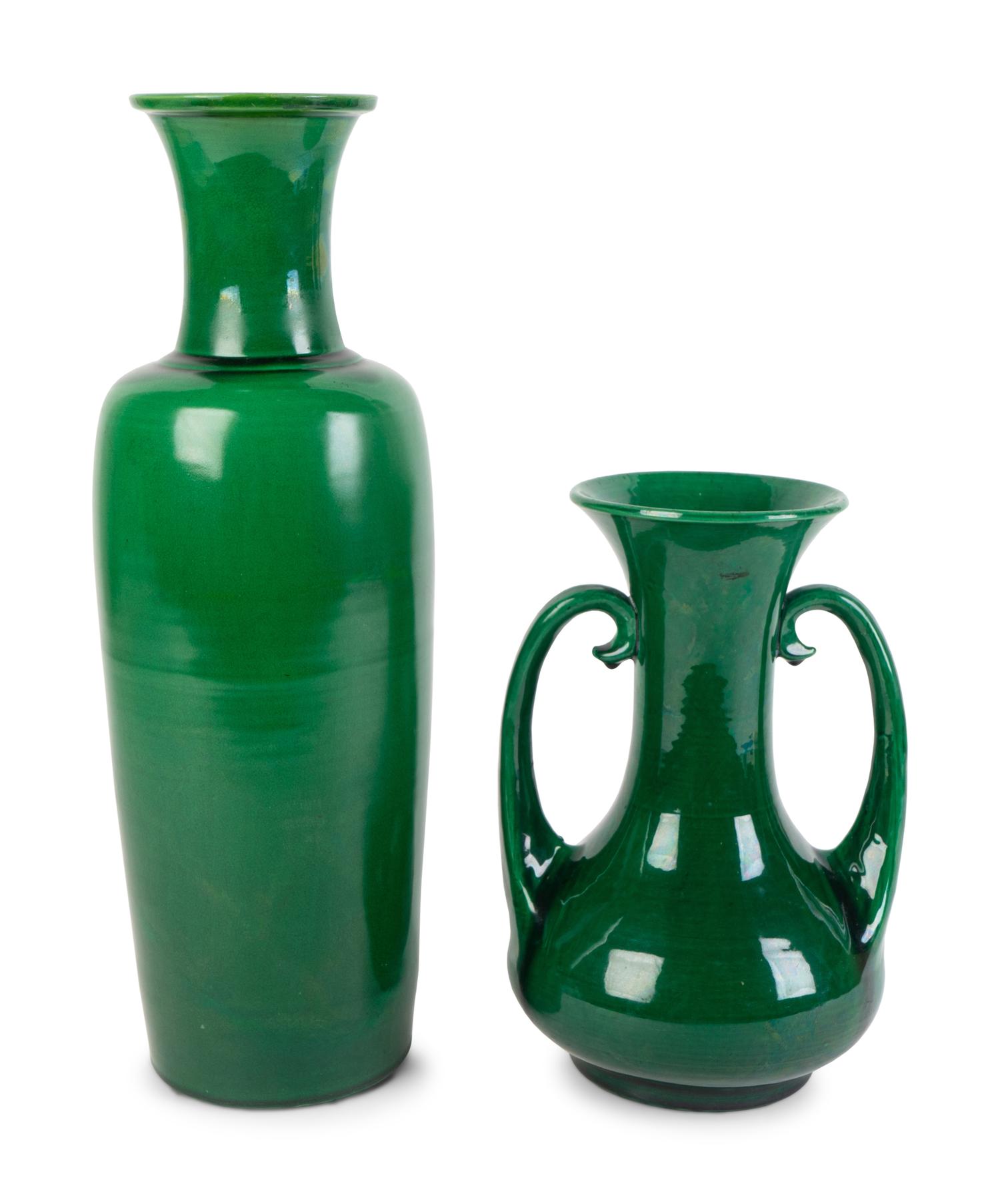 Two Contemporary Japanese Awaji Green-Glazed Porcelain Vases — 20TH CENTURY