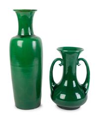 Two Contemporary Japanese Awaji Green-Glazed Porcelain Vases — 20TH CENTURY