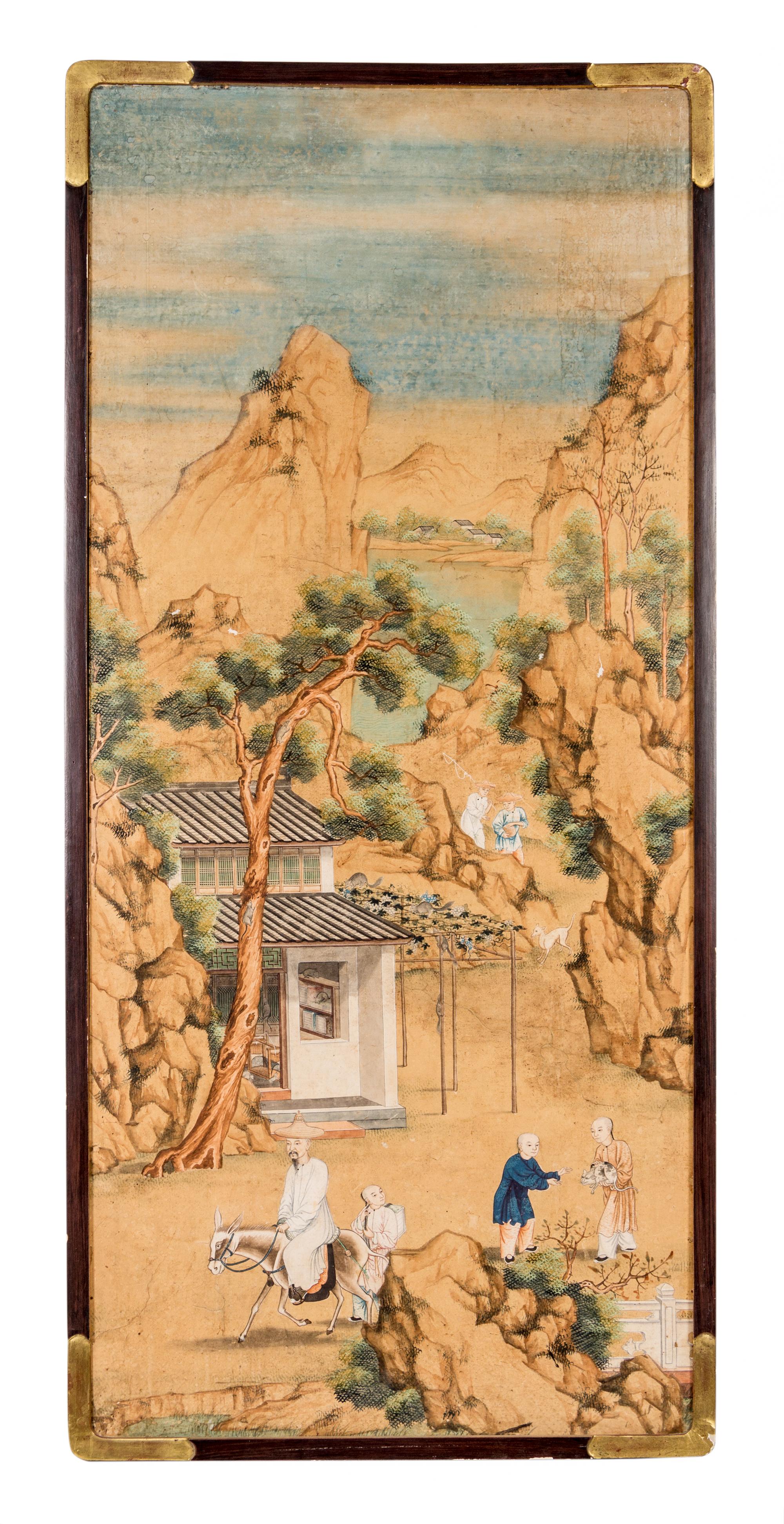 Two Ink and Color Paintings on Paper Height of taller 45 x width 19 3/4 inches.