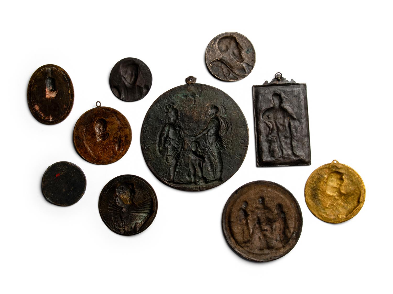 Ten Continental Bronze and Gilt-Bronze Commemorative Bas Relief Plaques