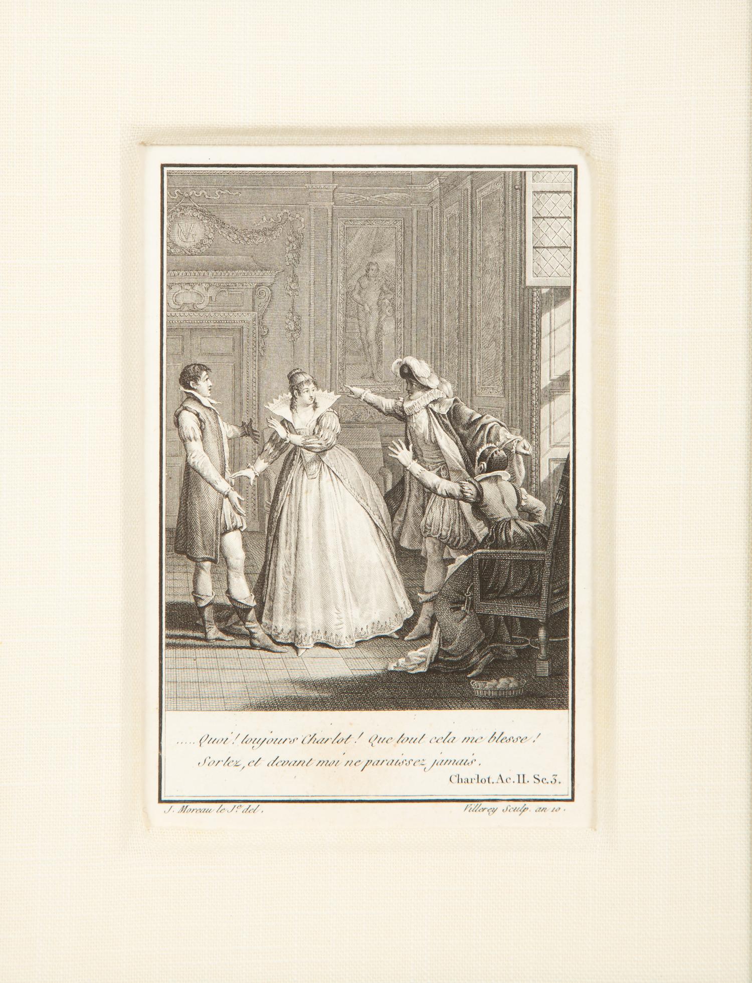 A Set of Four French Engravings of Courting Aristocrats in Ebonized and Giltwood Frames