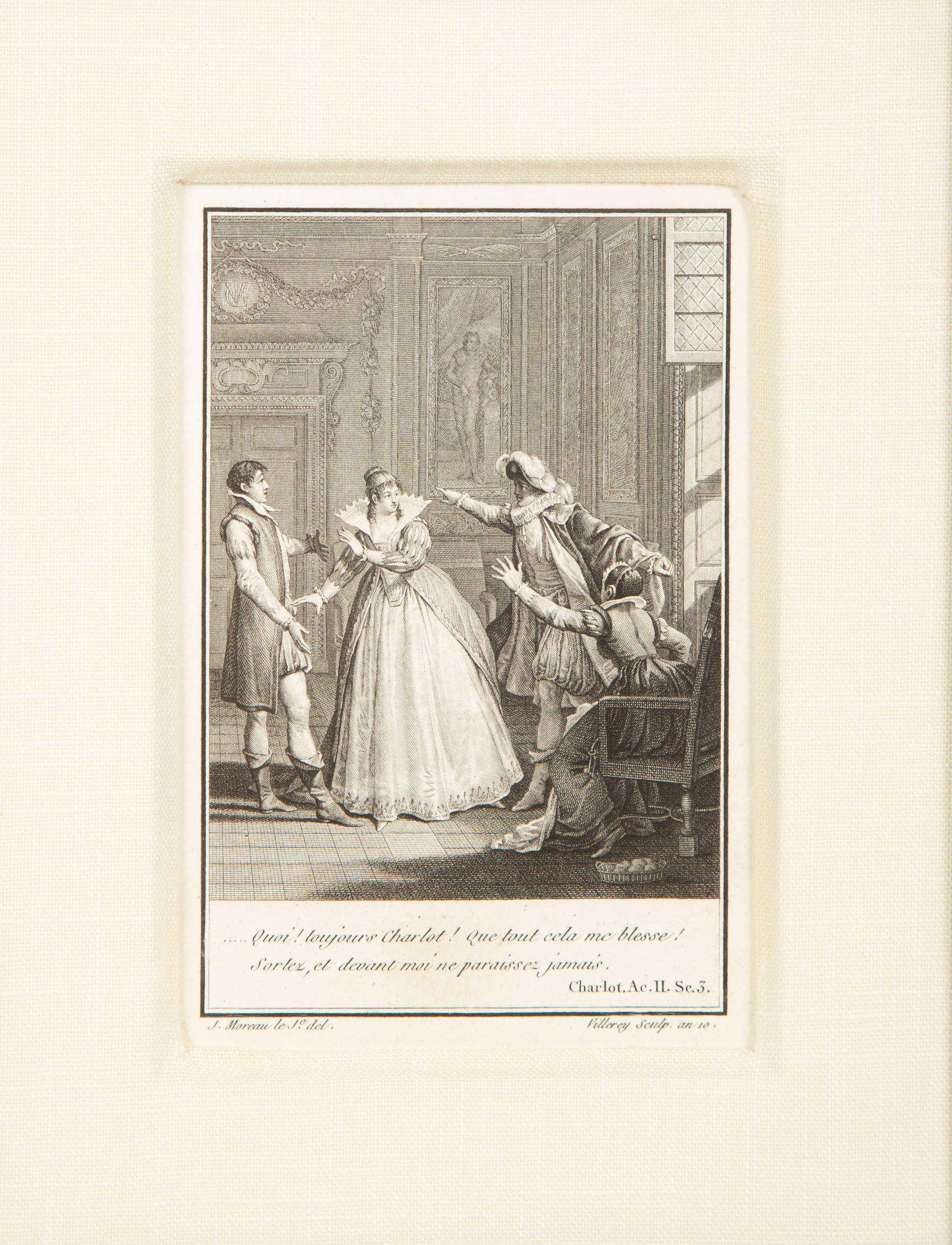A Set of Four French Engravings of Courting Aristocrats in Ebonized and Giltwood Frames