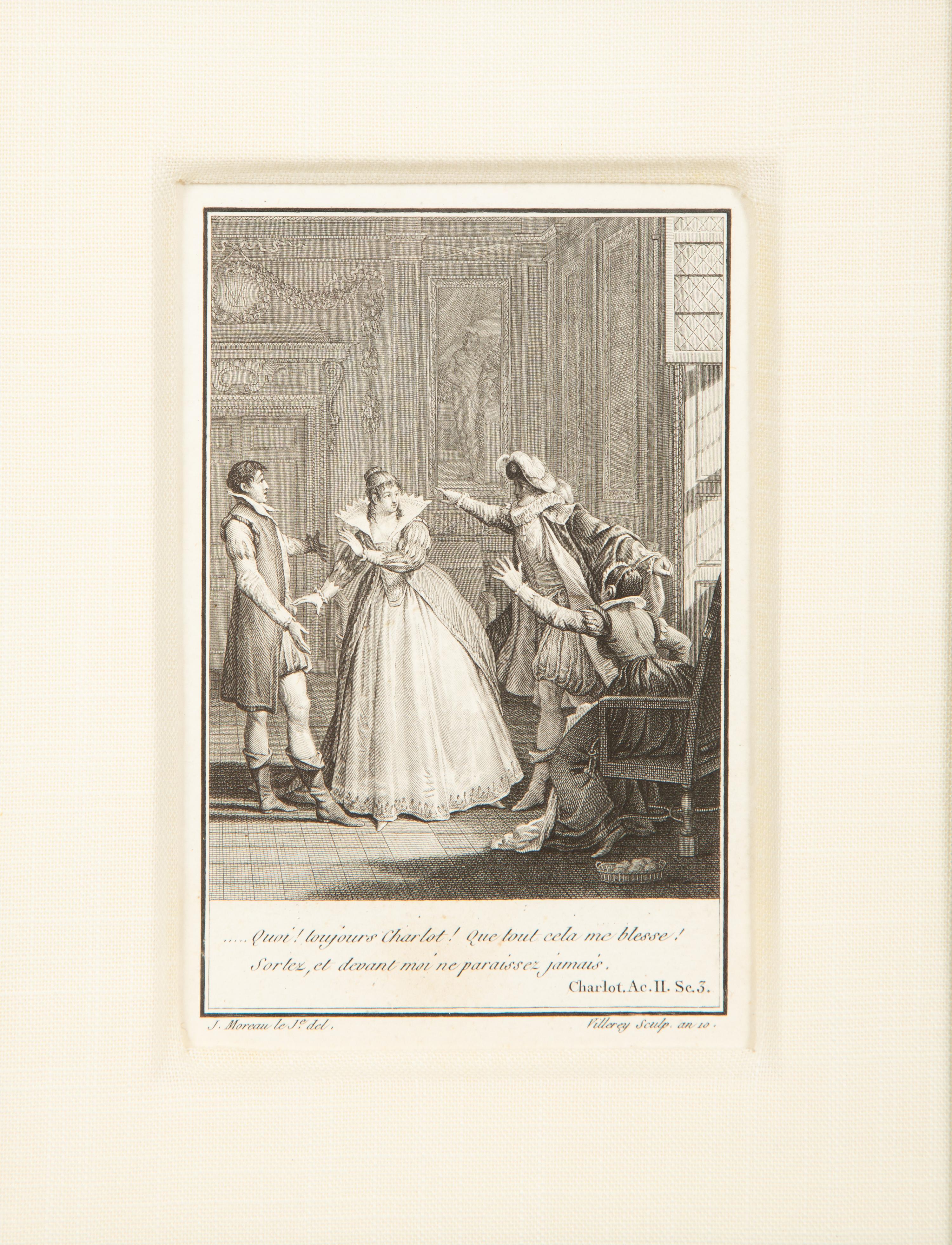 A Set of Four French Engravings of Courting Aristocrats in Ebonized and Giltwood Frames