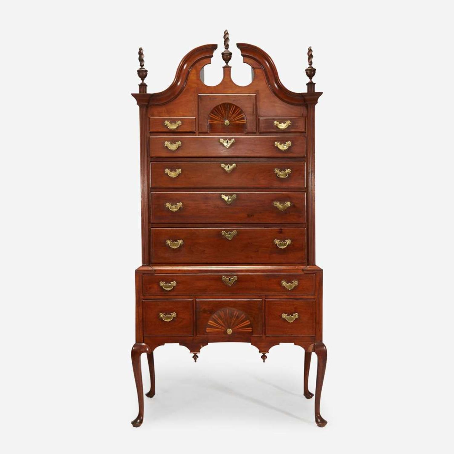 A Queen Anne inlaid walnut bonnet-top high chest Boston, MA, circa 1760