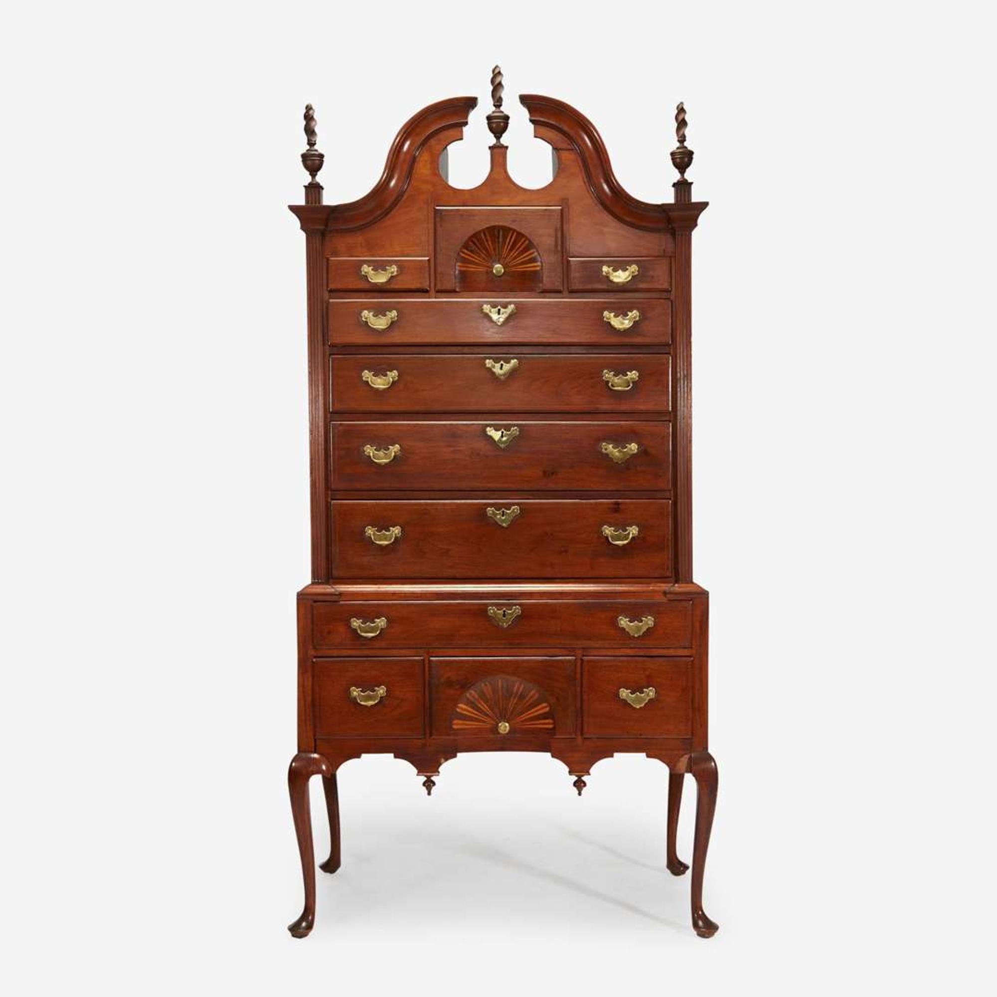 A Queen Anne inlaid walnut bonnet-top high chest Boston, MA, circa 1760
