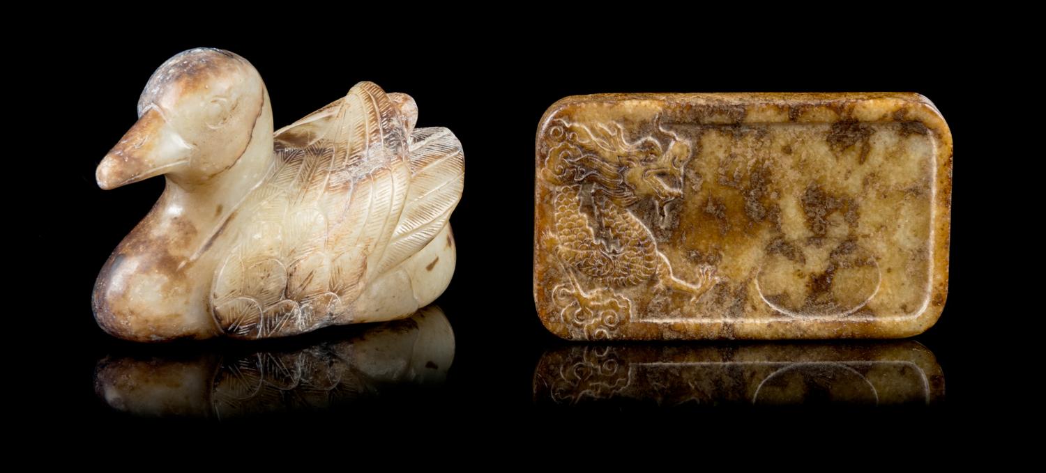 Two Chinese Jade Articles Length of duck 4 1/4 inches.