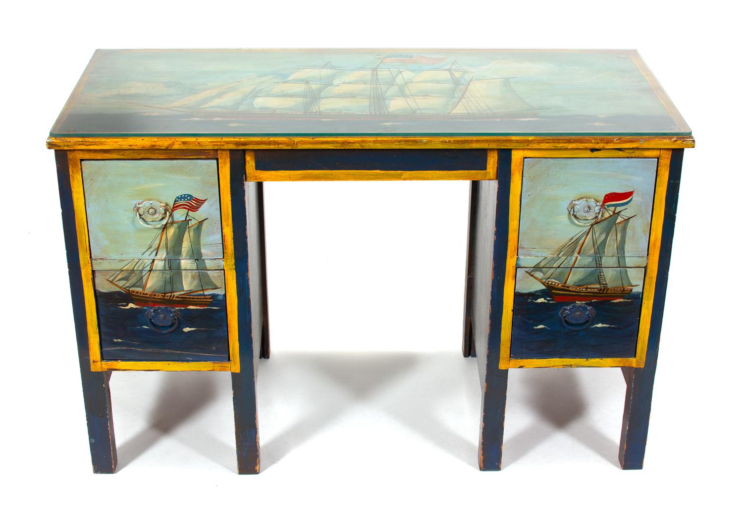 An English Polychromed Kneehole Desk Height 27 x width 42 x depth 18 inches. — 20TH CENTURY