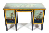 An English Polychromed Kneehole Desk Height 27 x width 42 x depth 18 inches. — 20TH CENTURY