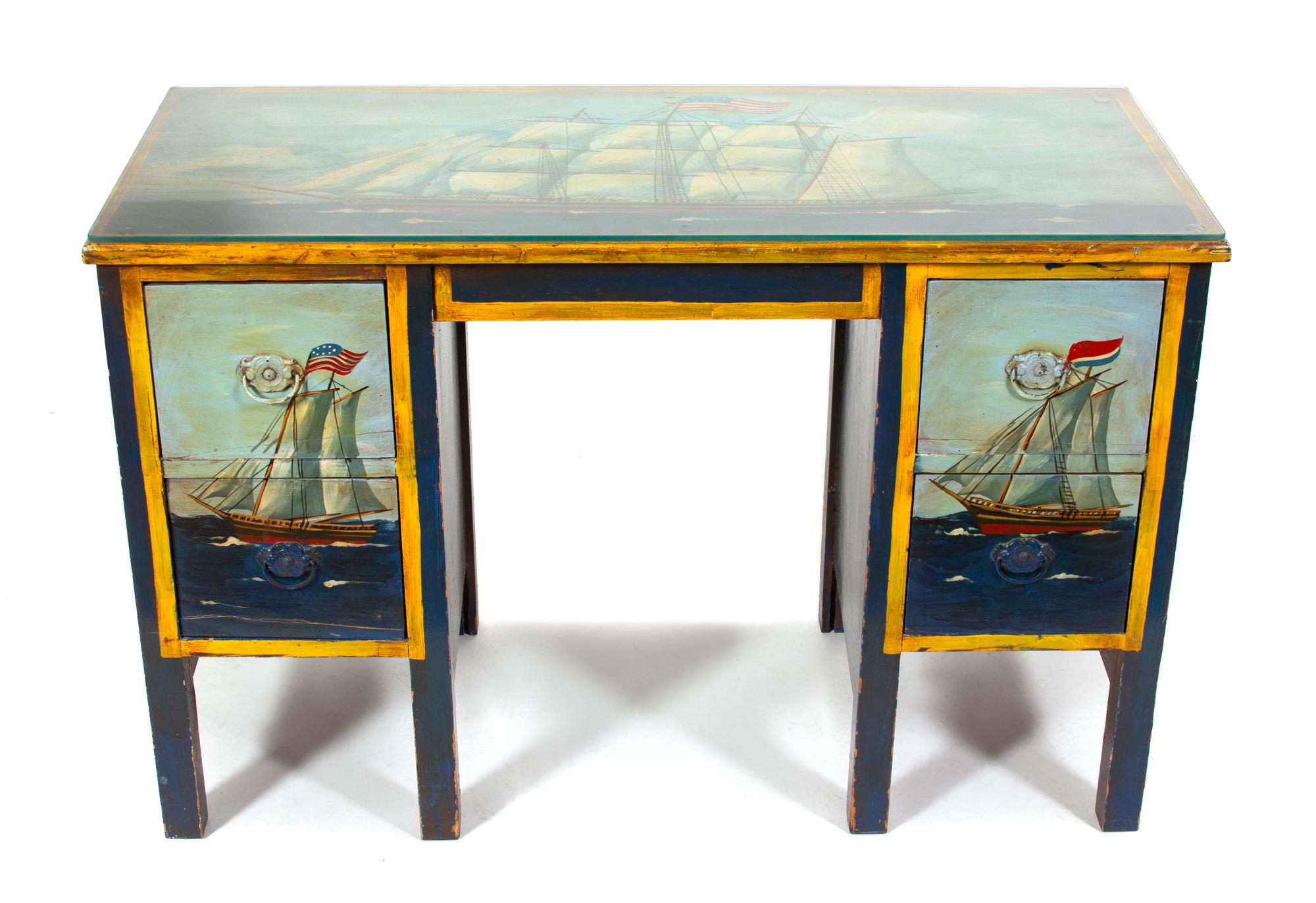 An English Polychromed Kneehole Desk Height 27 x width 42 x depth 18 inches. — 20TH CENTURY