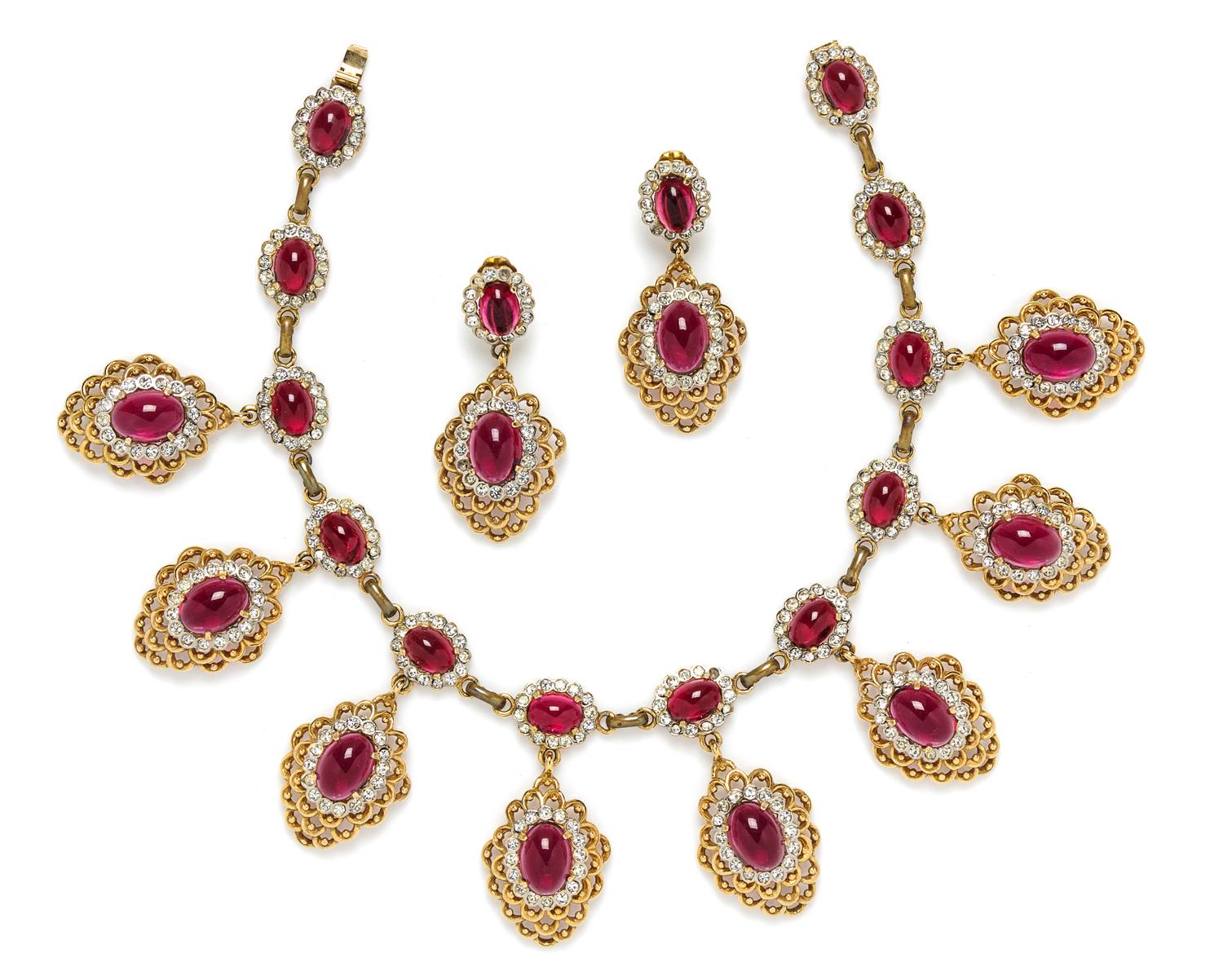 A Kenneth Jay Lane Faux Ruby Demi Parure, Necklace: 16" x 2.75; Earclips: 2.75".