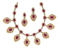 A Kenneth Jay Lane Faux Ruby Demi Parure, Necklace: 16" x 2.75; Earclips: 2.75".