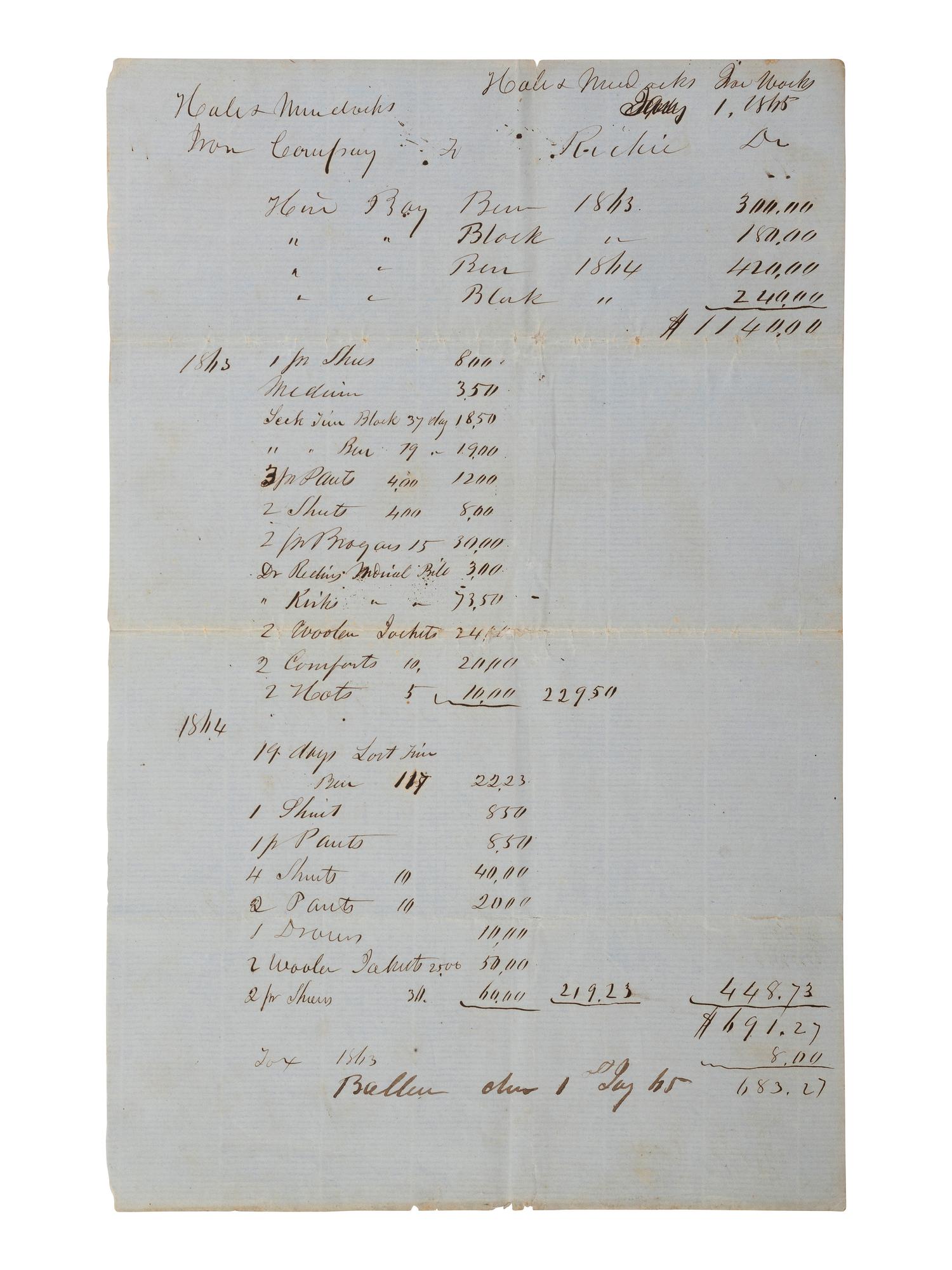 [ENSLAVEMENT & ABOLITION]. Manuscript document for hire of enslaved male subjects from Hale & Murdock Ironworks. Lamar County, AL, 1 January 1865.
