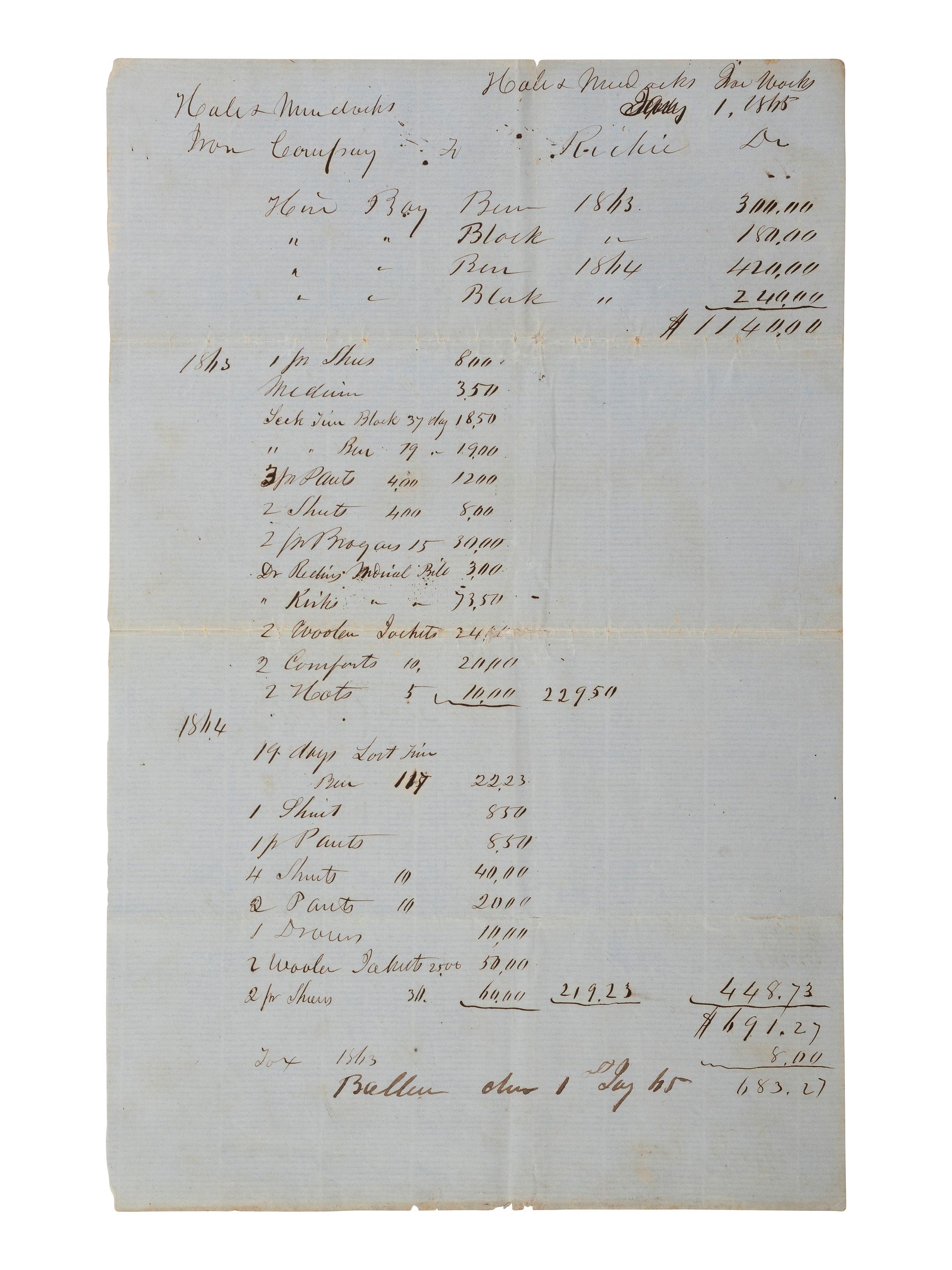 [ENSLAVEMENT & ABOLITION]. Manuscript document for hire of enslaved male subjects from Hale & Murdock Ironworks. Lamar County, AL, 1 January 1865.