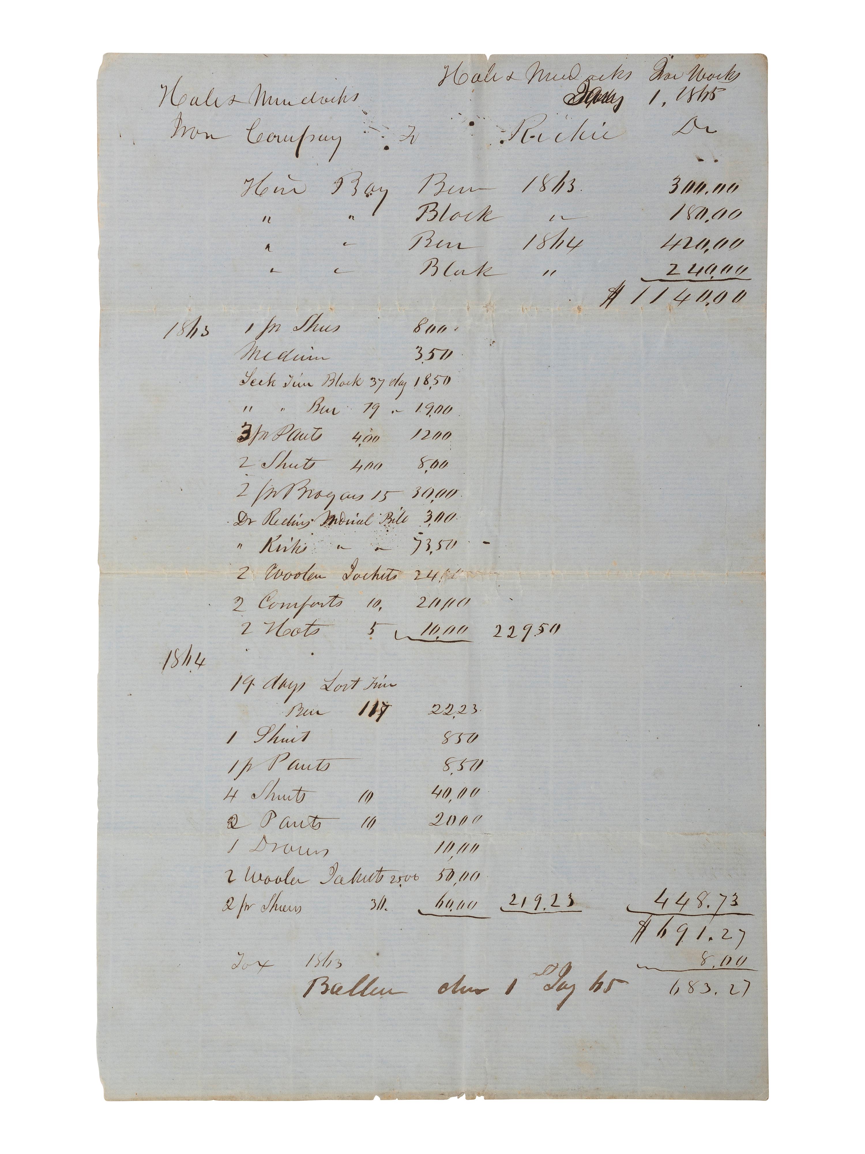 [ENSLAVEMENT & ABOLITION]. Manuscript document for hire of enslaved male subjects from Hale & Murdock Ironworks. Lamar County, AL, 1 January 1865.