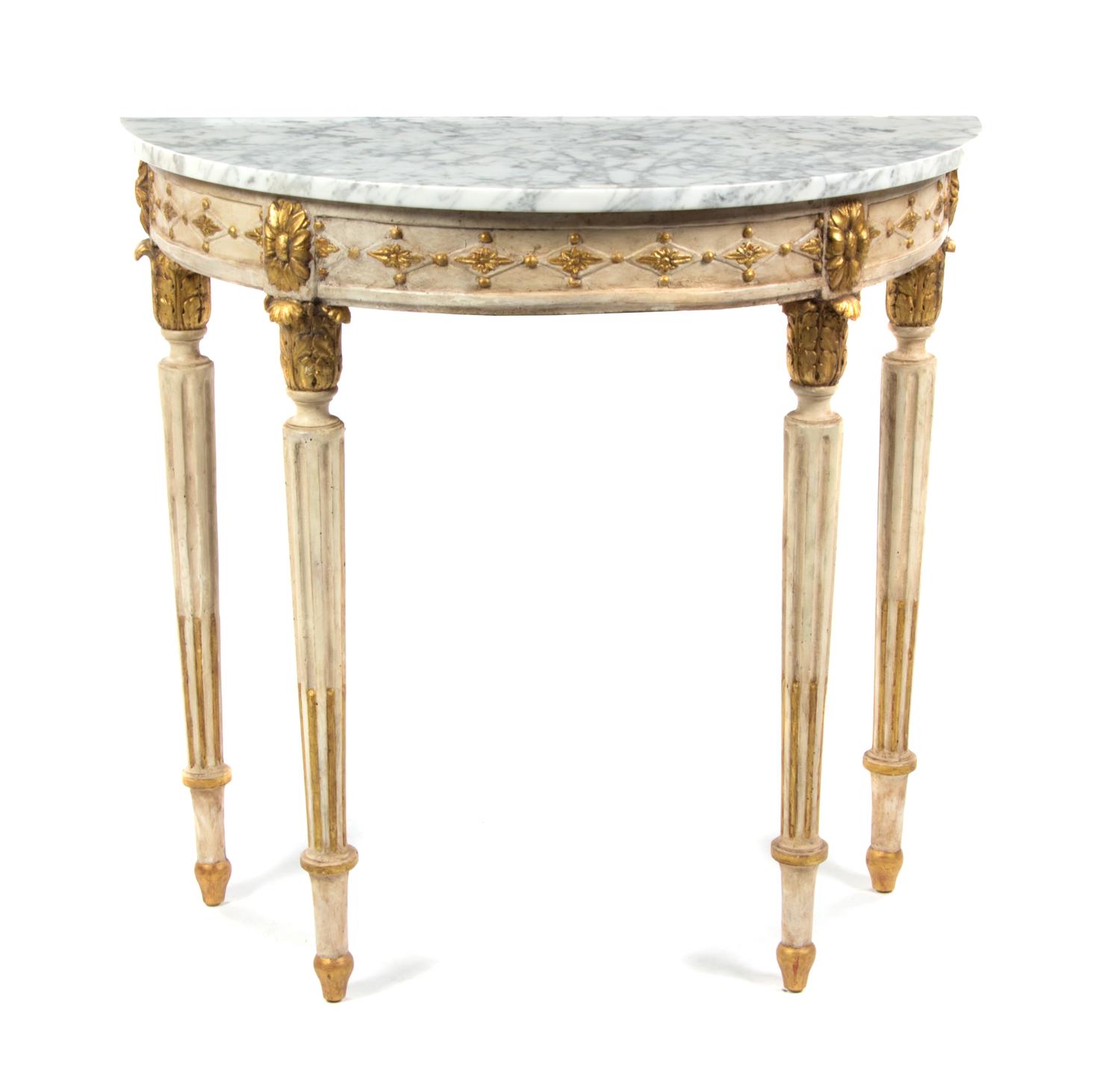 A George III Style Cream and Gilt Painted Console Table, Height 31 1/2 x width 32 3/8 x depth 14 inches.