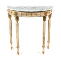 A George III Style Cream and Gilt Painted Console Table, Height 31 1/2 x width 32 3/8 x depth 14 inches.