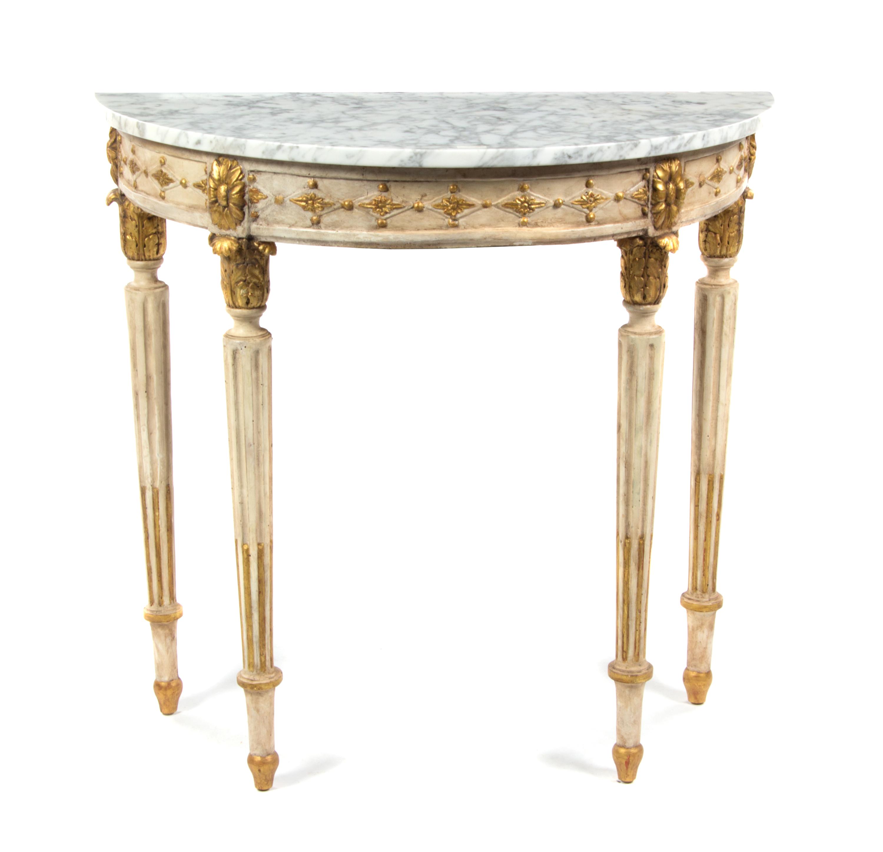 A George III Style Cream and Gilt Painted Console Table, Height 31 1/2 x width 32 3/8 x depth 14 inches.