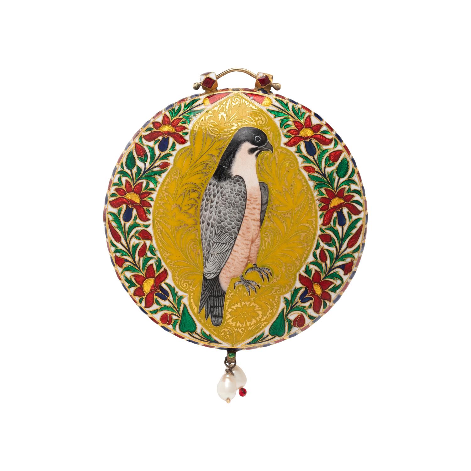 MUGHAL-STYLE, ENAMEL, DIAMOND, AND CULTURED PEARL PENDANT