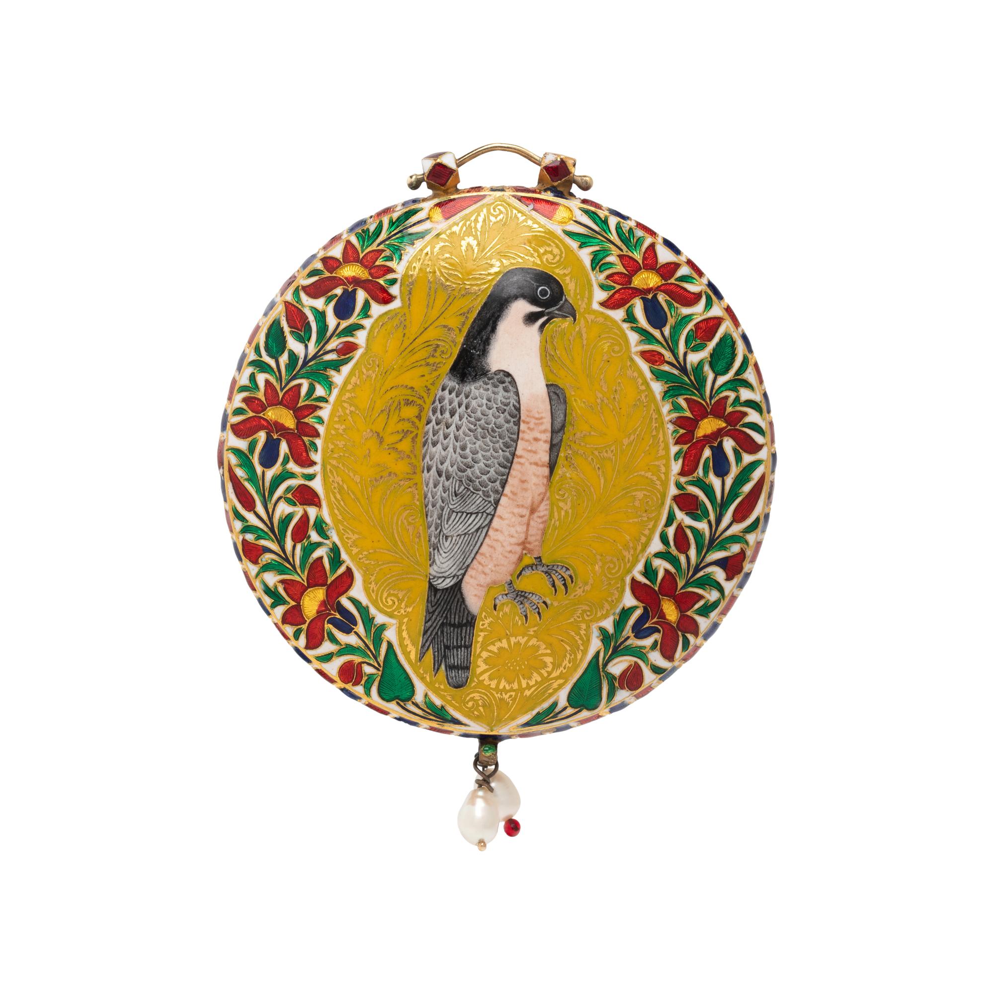 MUGHAL-STYLE, ENAMEL, DIAMOND, AND CULTURED PEARL PENDANT