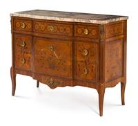 A Louis XV/XVI Transitional Style Gilt Bronze Mounted Marquetry Marble-Top Commode