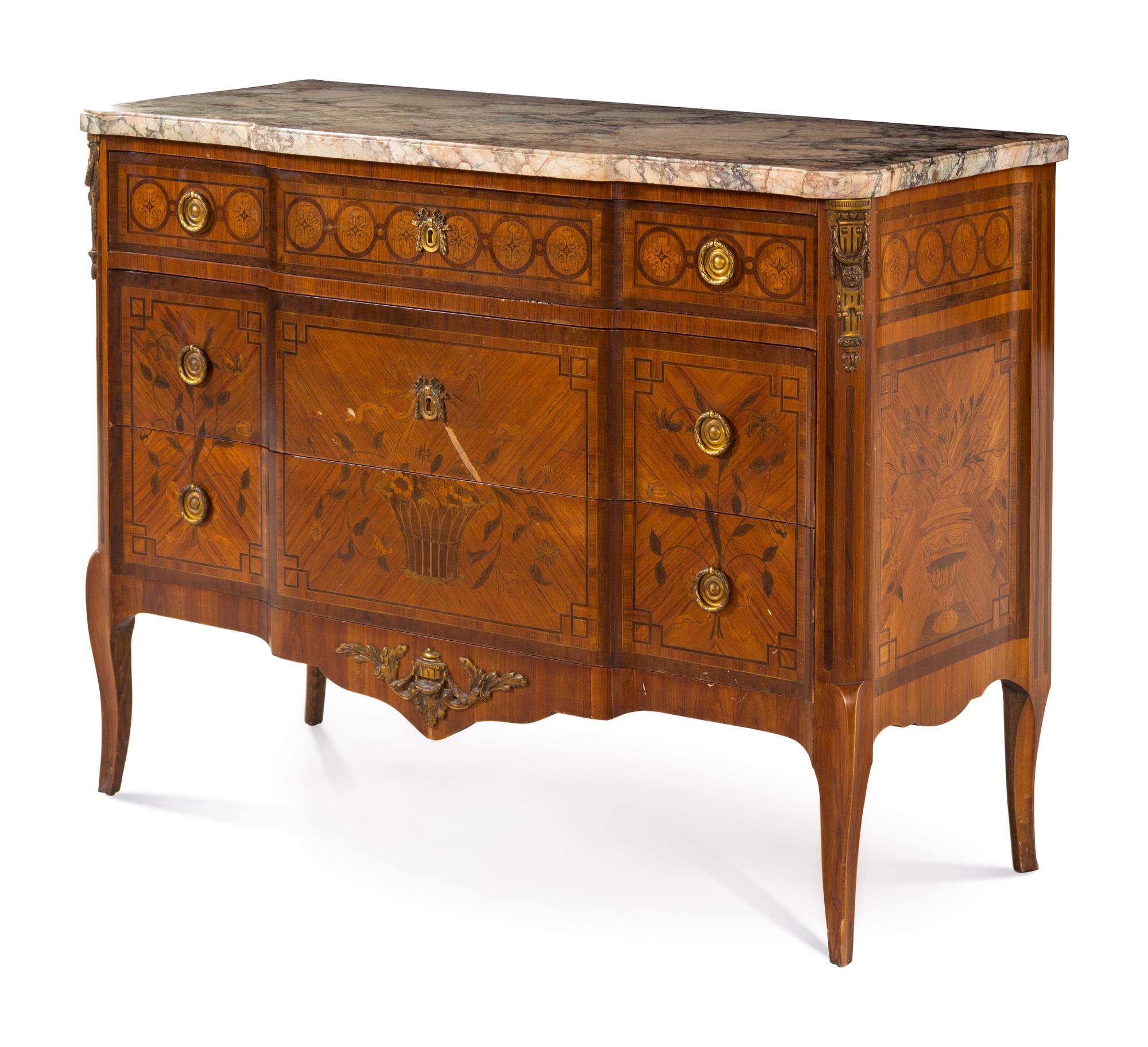 A Louis XV/XVI Transitional Style Gilt Bronze Mounted Marquetry Marble-Top Commode