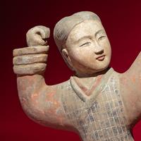 A Large Pair of Chinese Painted Pottery Archers, Western Han Dynasty — 西漢 彩繪射姿立俑一對