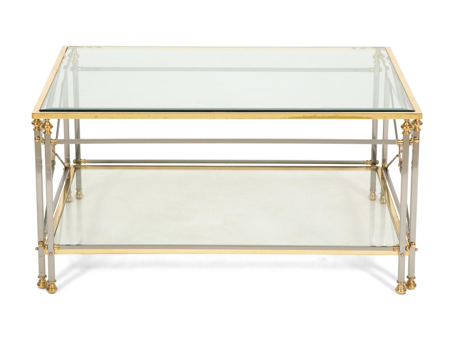 A Neoclassical Style Brass and Chromed Steel Glass-Top Coffee Table