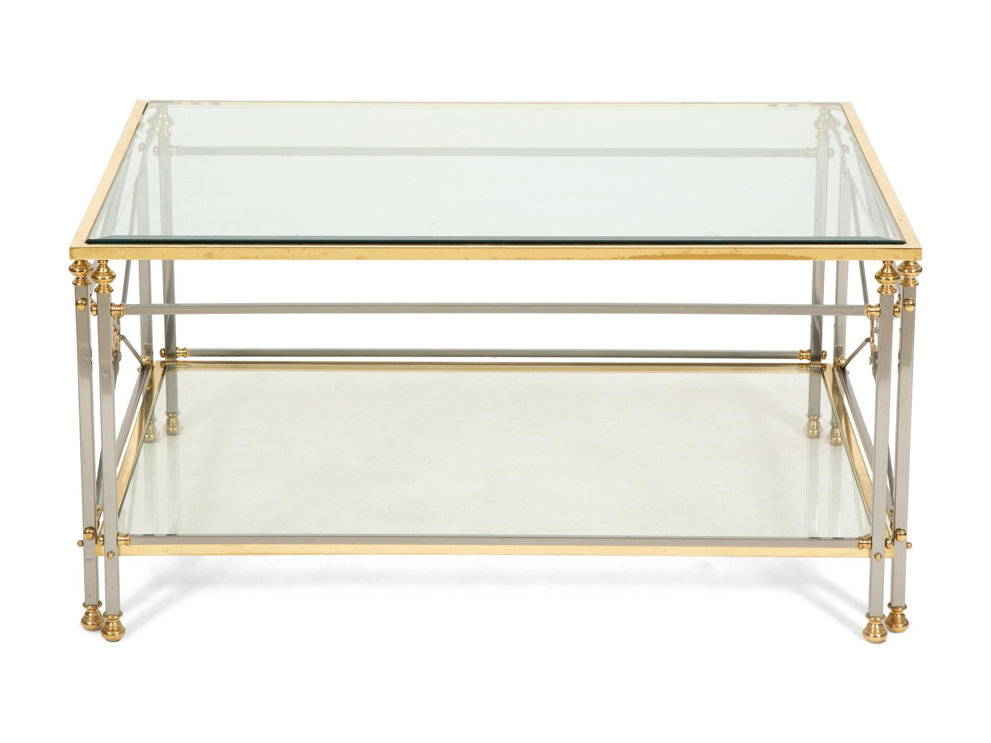 A Neoclassical Style Brass and Chromed Steel Glass-Top Coffee Table