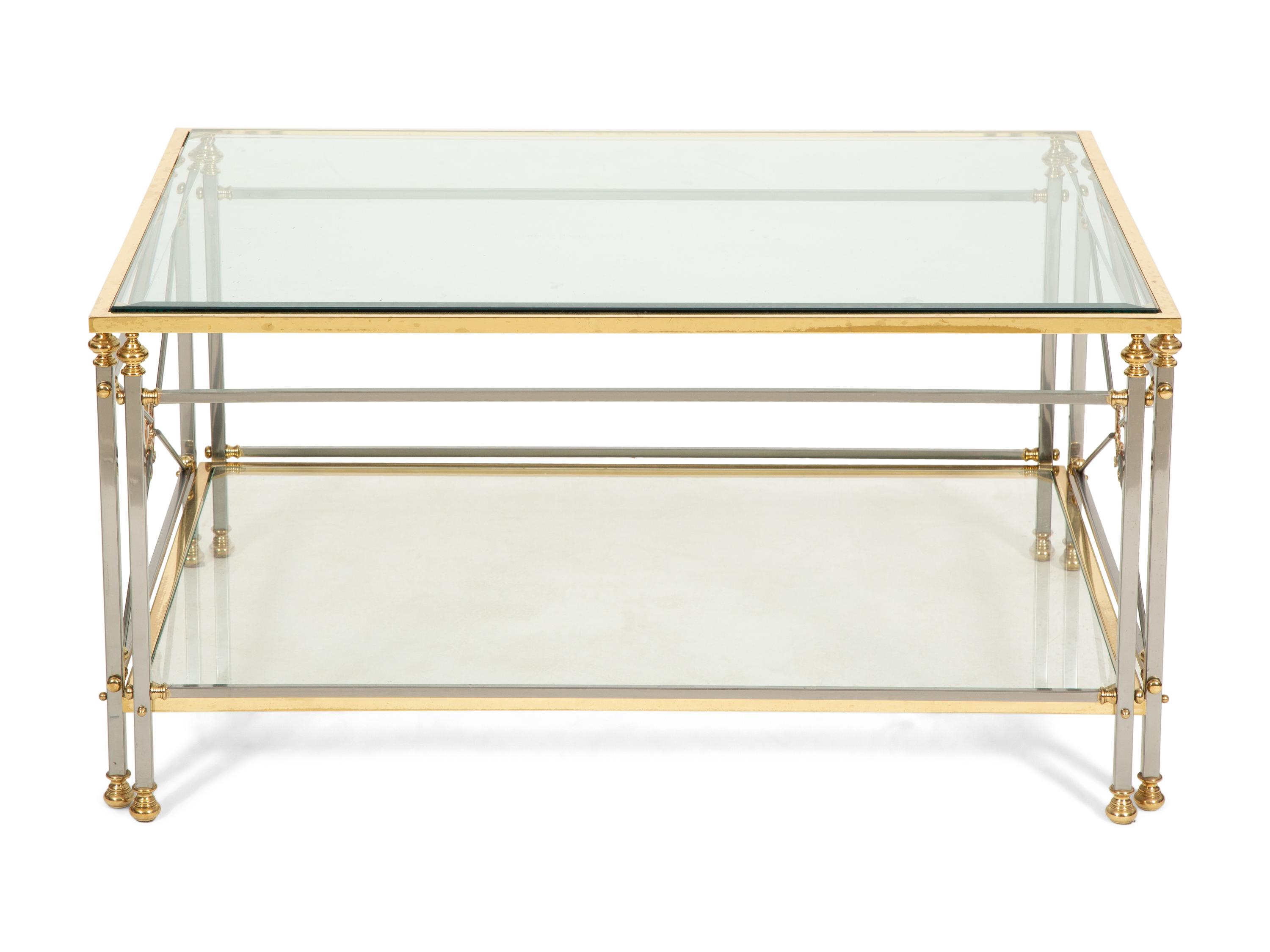 A Neoclassical Style Brass and Chromed Steel Glass-Top Coffee Table