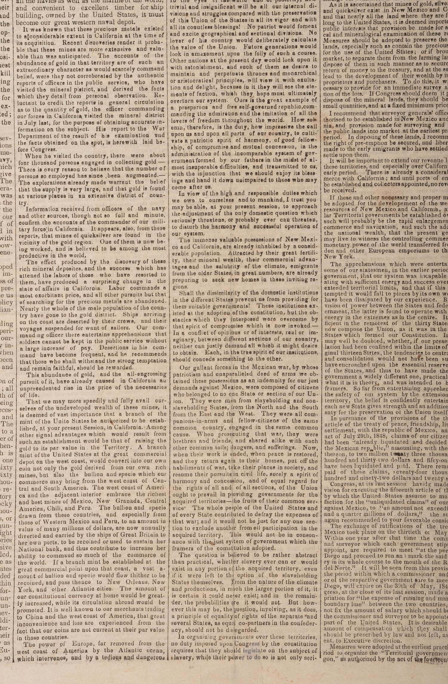 [CALIFORNIA GOLD RUSH]. Official report of the discovery of gold in California featured in December 1848 broadsheet.