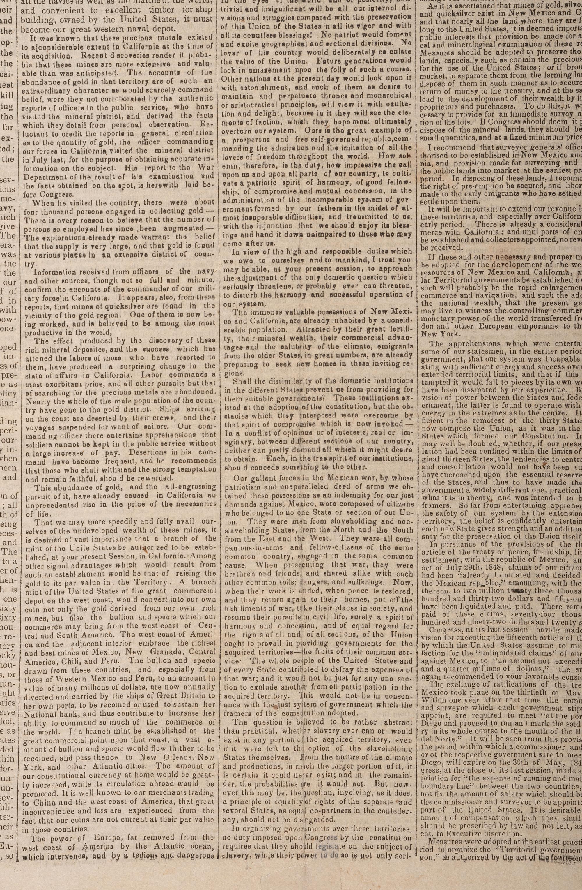 [CALIFORNIA GOLD RUSH]. Official report of the discovery of gold in California featured in December 1848 broadsheet.