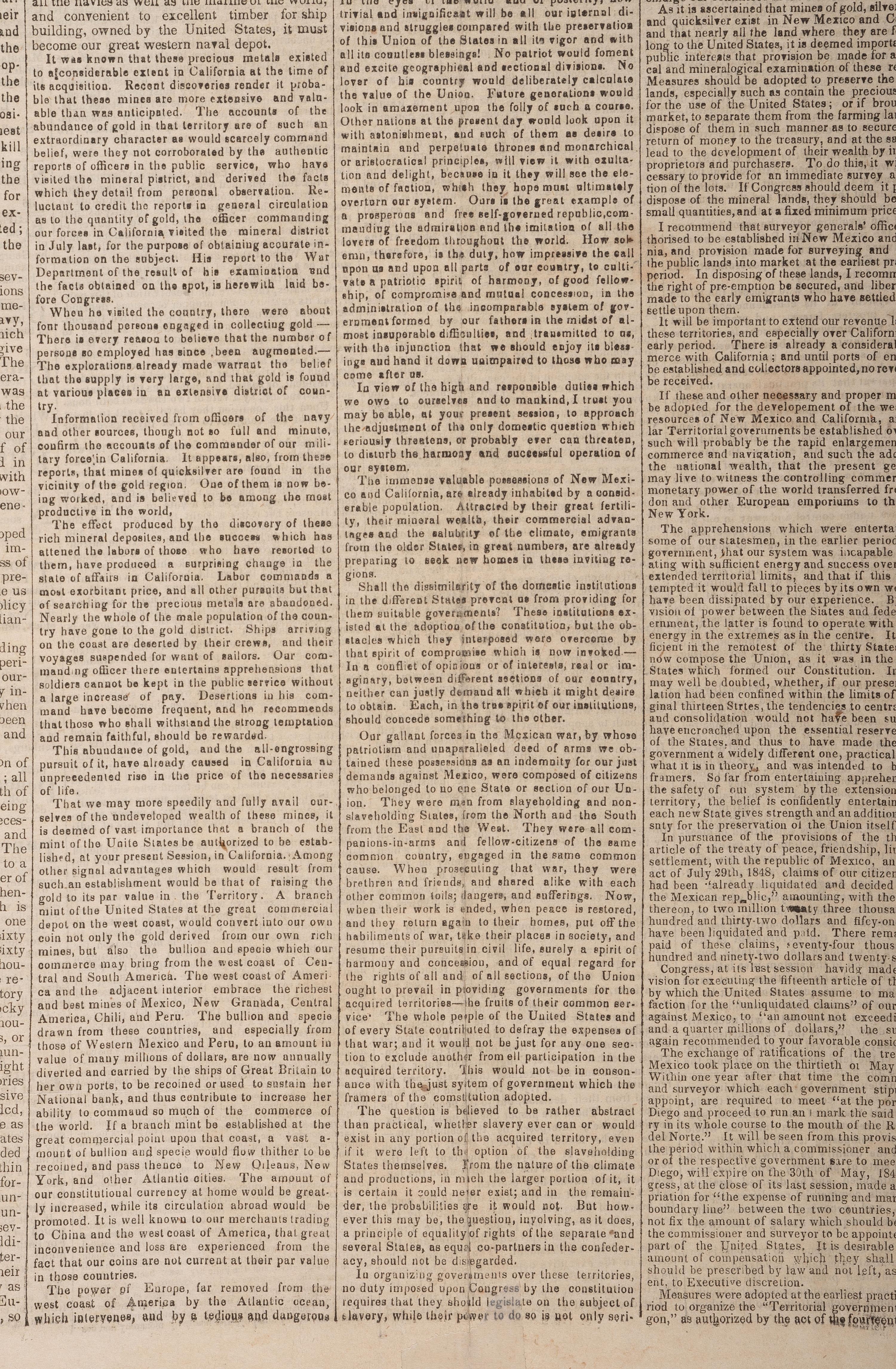 [CALIFORNIA GOLD RUSH]. Official report of the discovery of gold in California featured in December 1848 broadsheet.