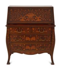 A Dutch Rococo Style Marquetry Slant-Front Bureau and Matching Chair