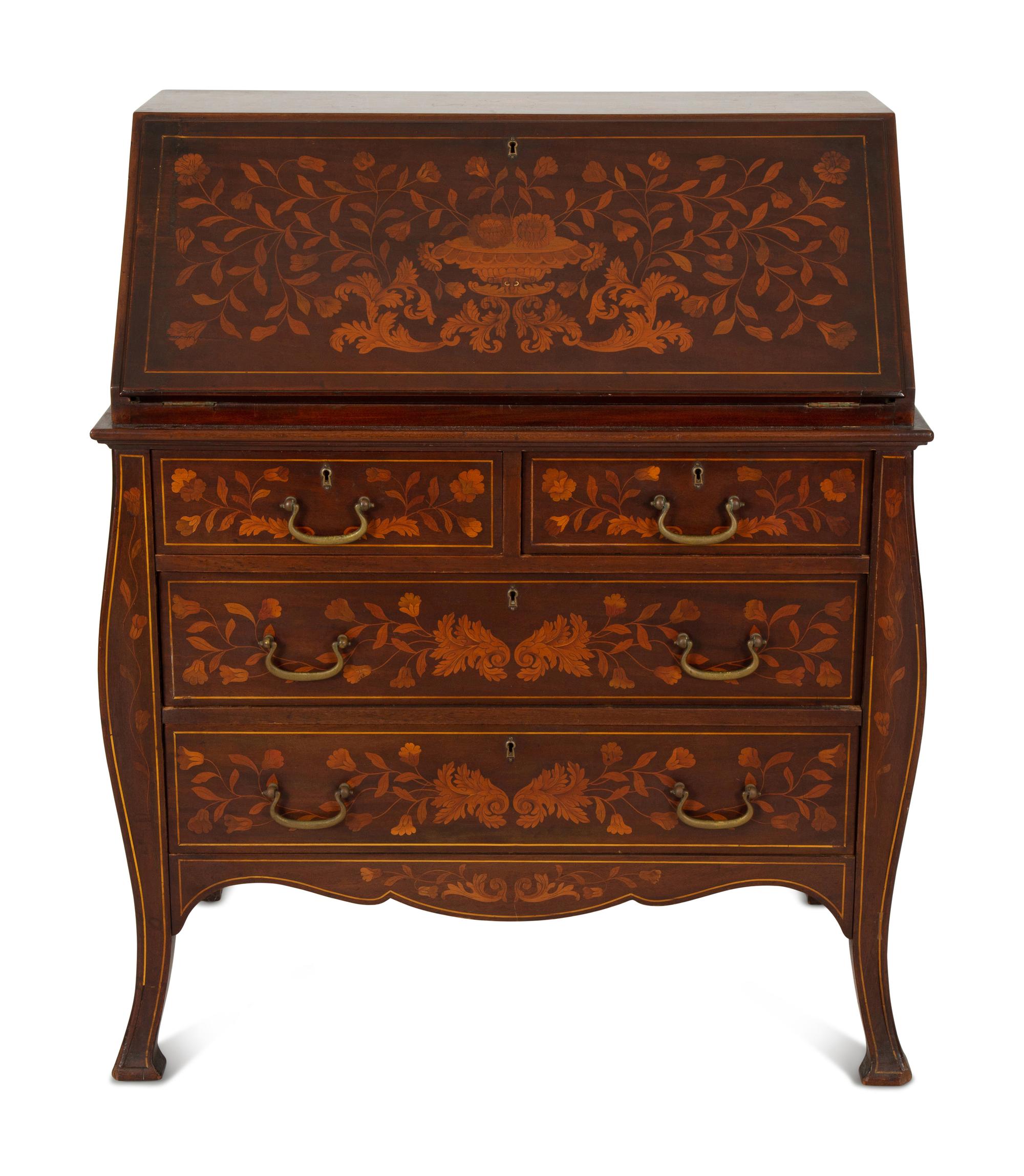 A Dutch Rococo Style Marquetry Slant-Front Bureau and Matching Chair
