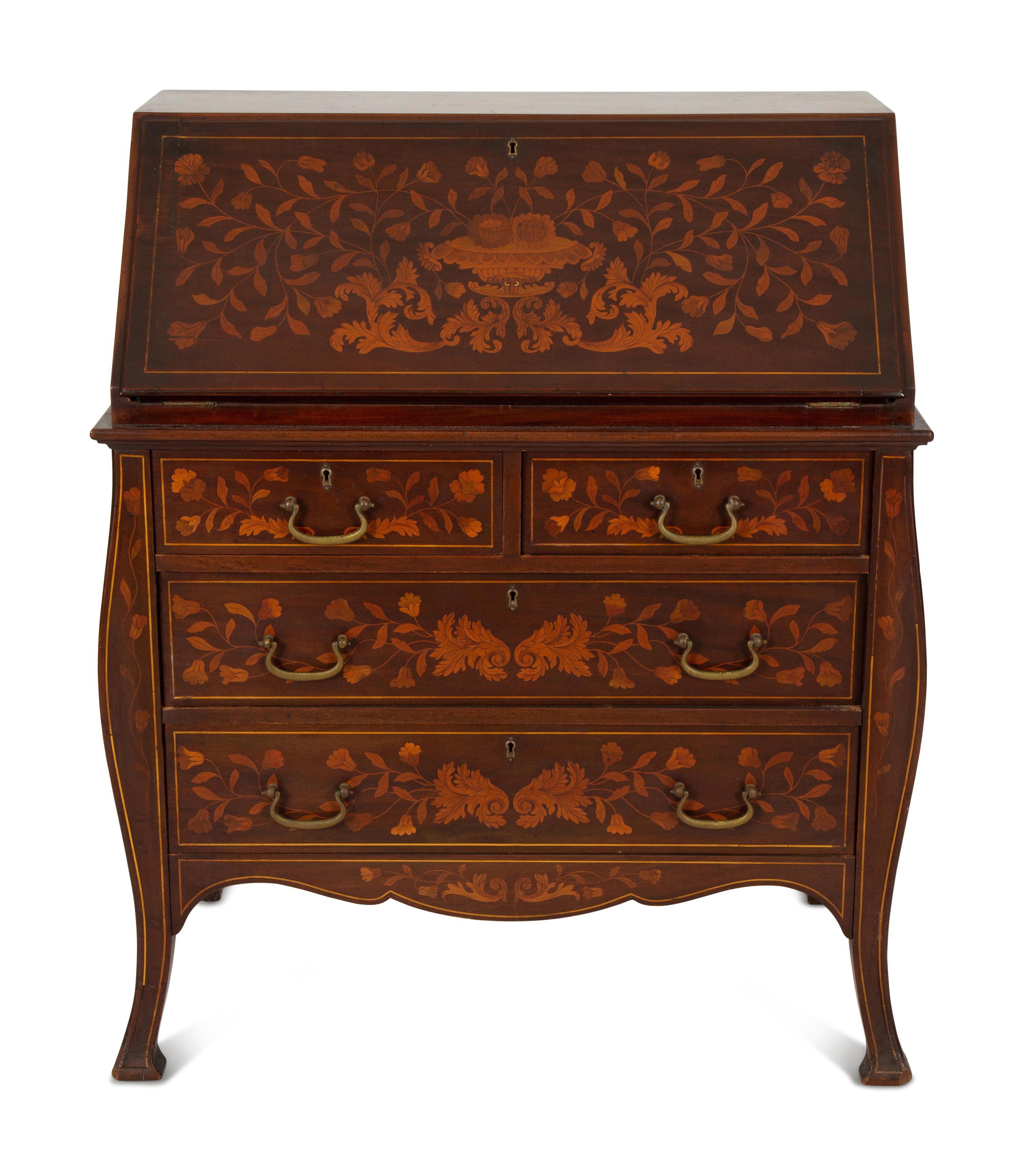 A Dutch Rococo Style Marquetry Slant-Front Bureau and Matching Chair