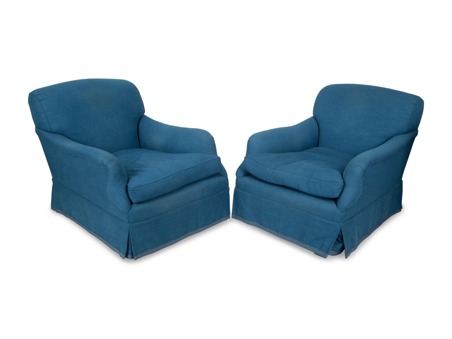 A Pair of Blue Linen Upholstered Club Chairs — 20TH CENTURY