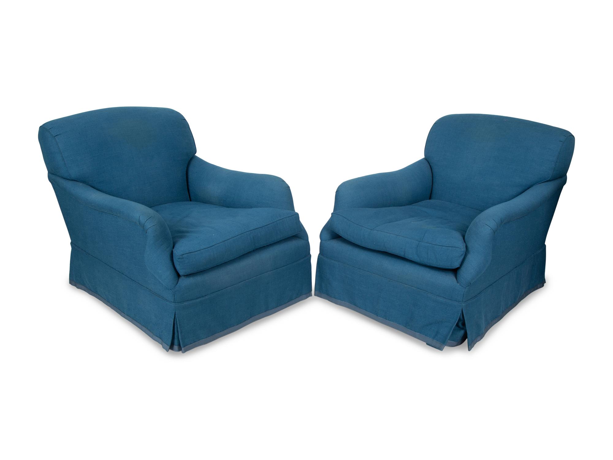A Pair of Blue Linen Upholstered Club Chairs — 20TH CENTURY