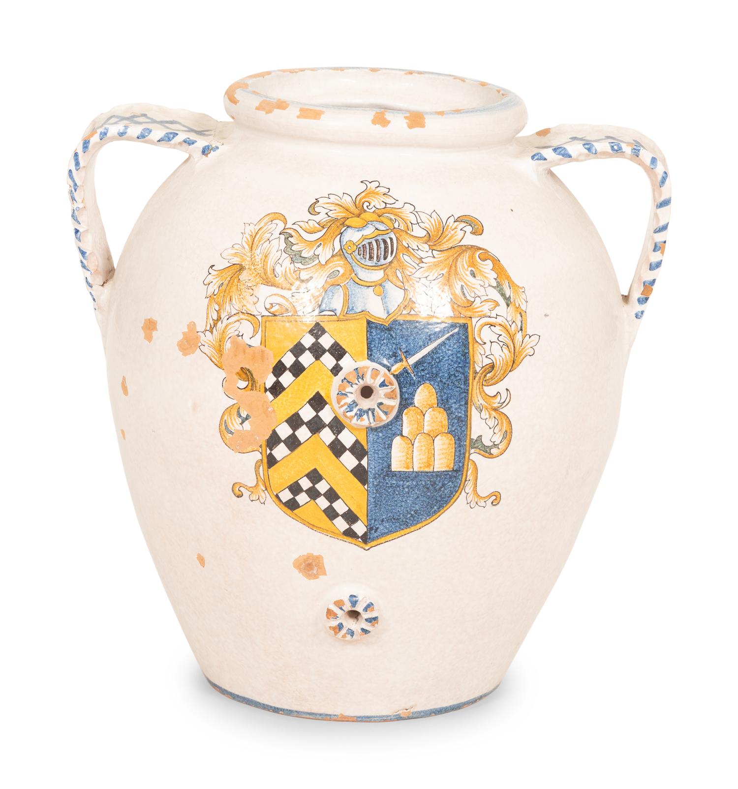 An Italian Glazed Terracotta Olive Jar with Painted Armorial
